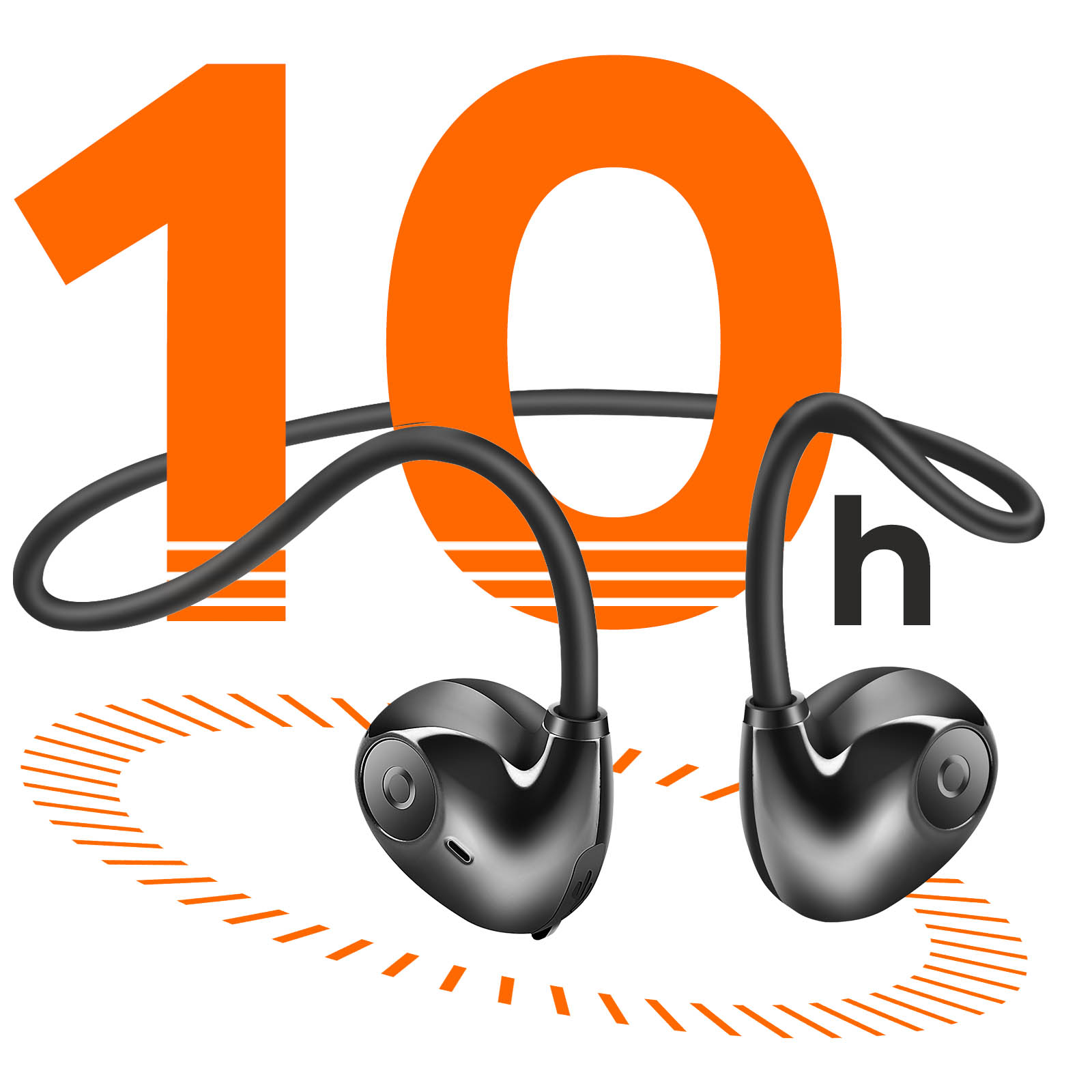Auricolari wireless neri con archetto e testo '10h' arancione.