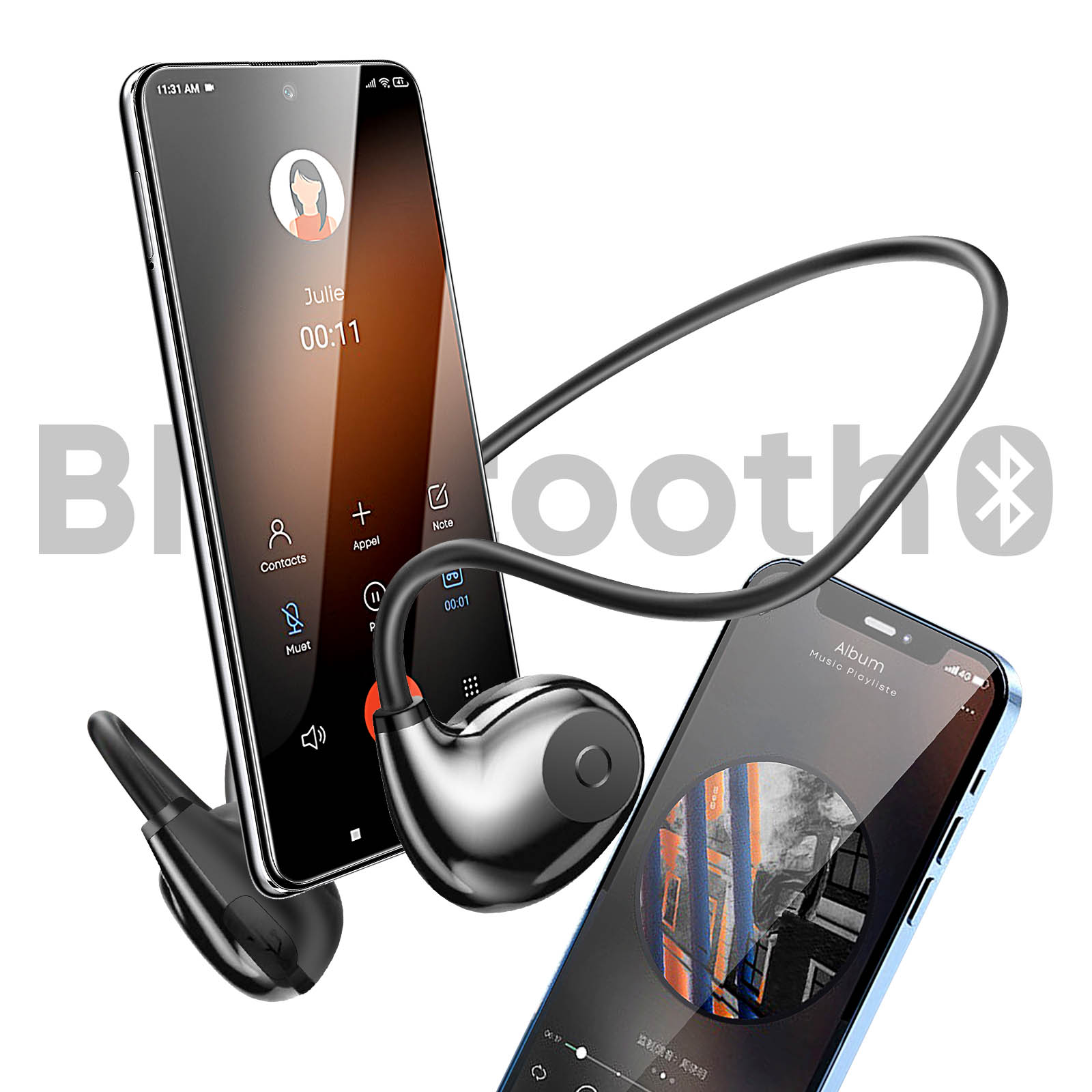Due telefoni e un auricolare nero, con un'interfaccia di chiamata e un simbolo bluetooth visibile.