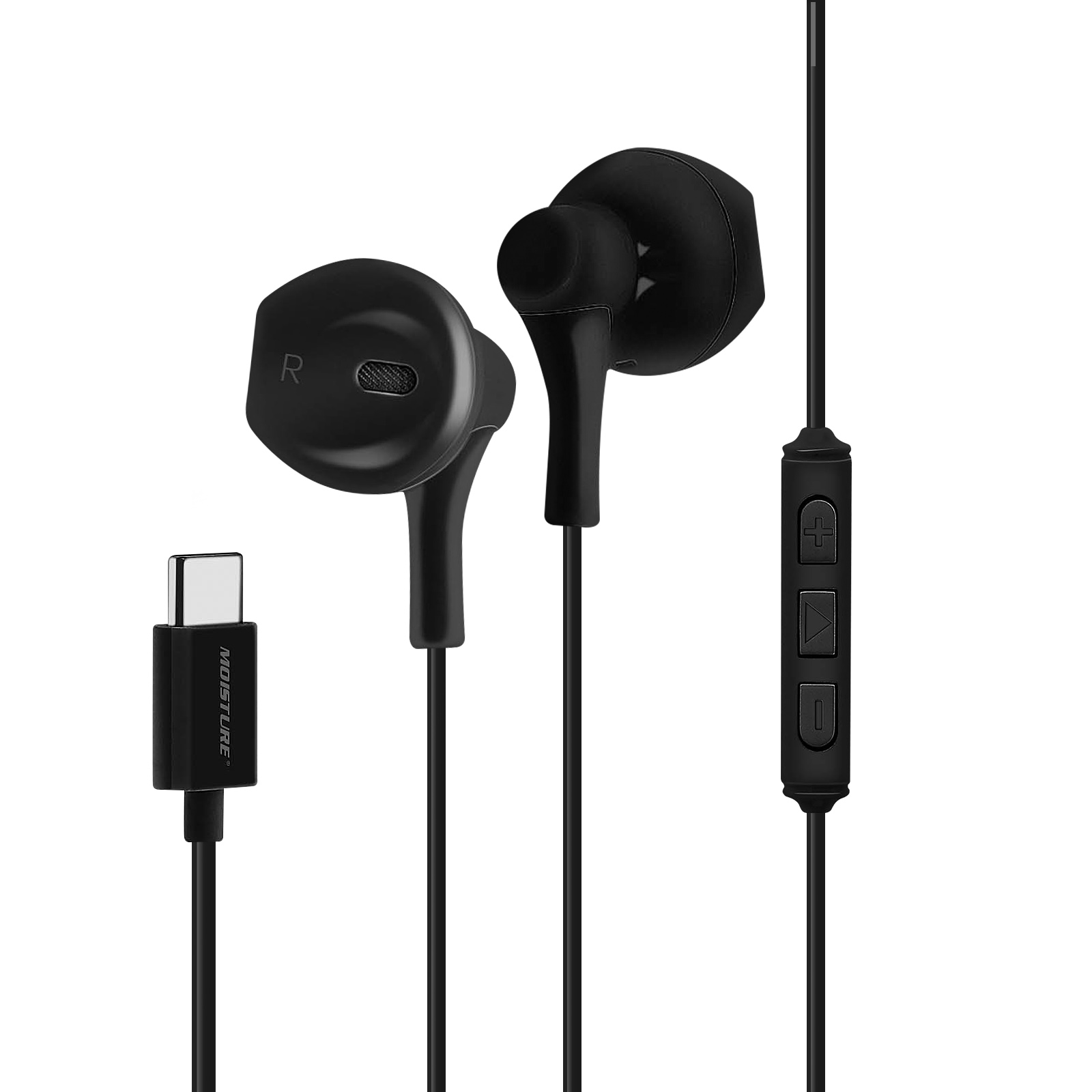 Auricolari neri con connettore USB-C. Il telecomando è sul cavo.