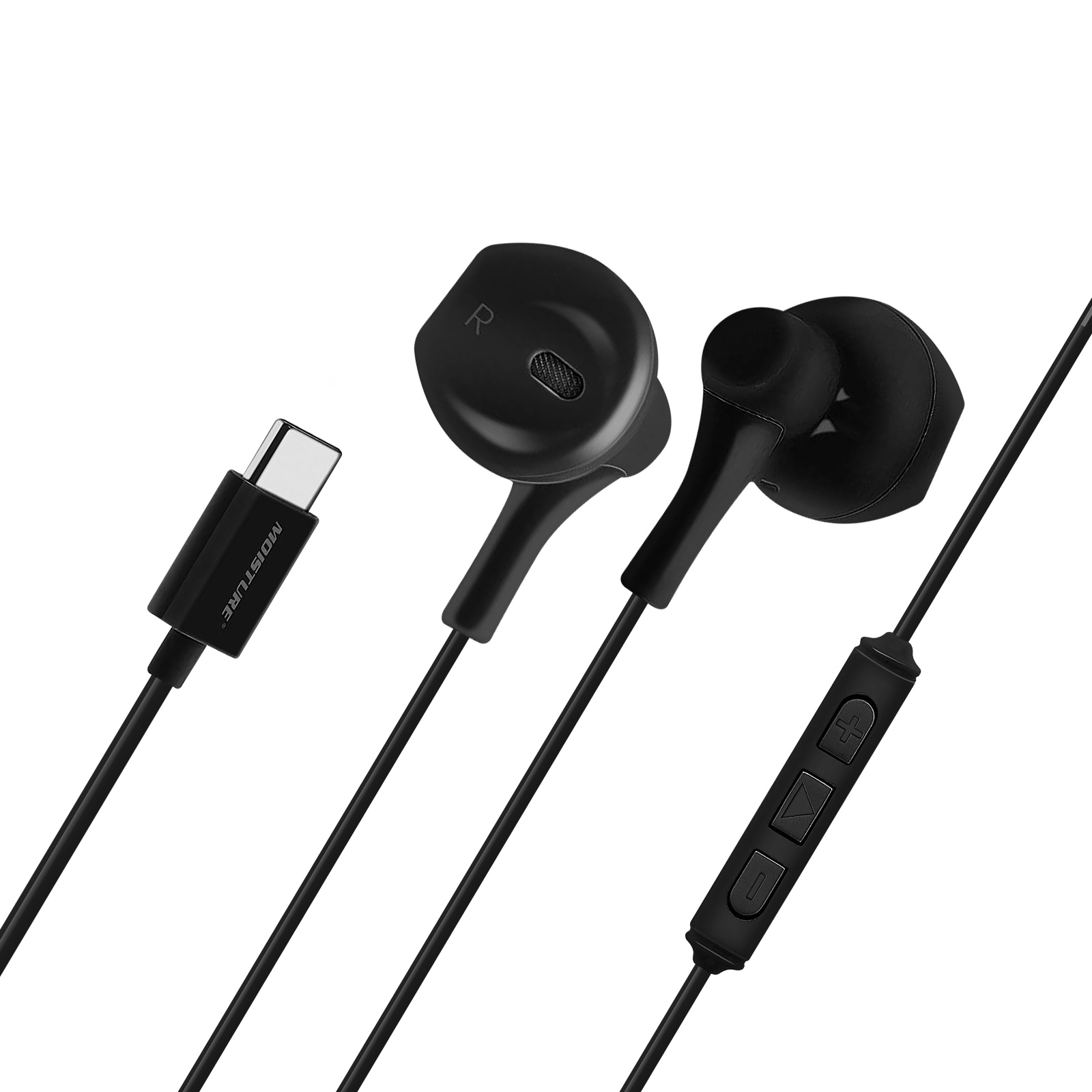 Auricolari neri con connettore USB-C. Un auricolare ha una 'R'. Su sfondo bianco.