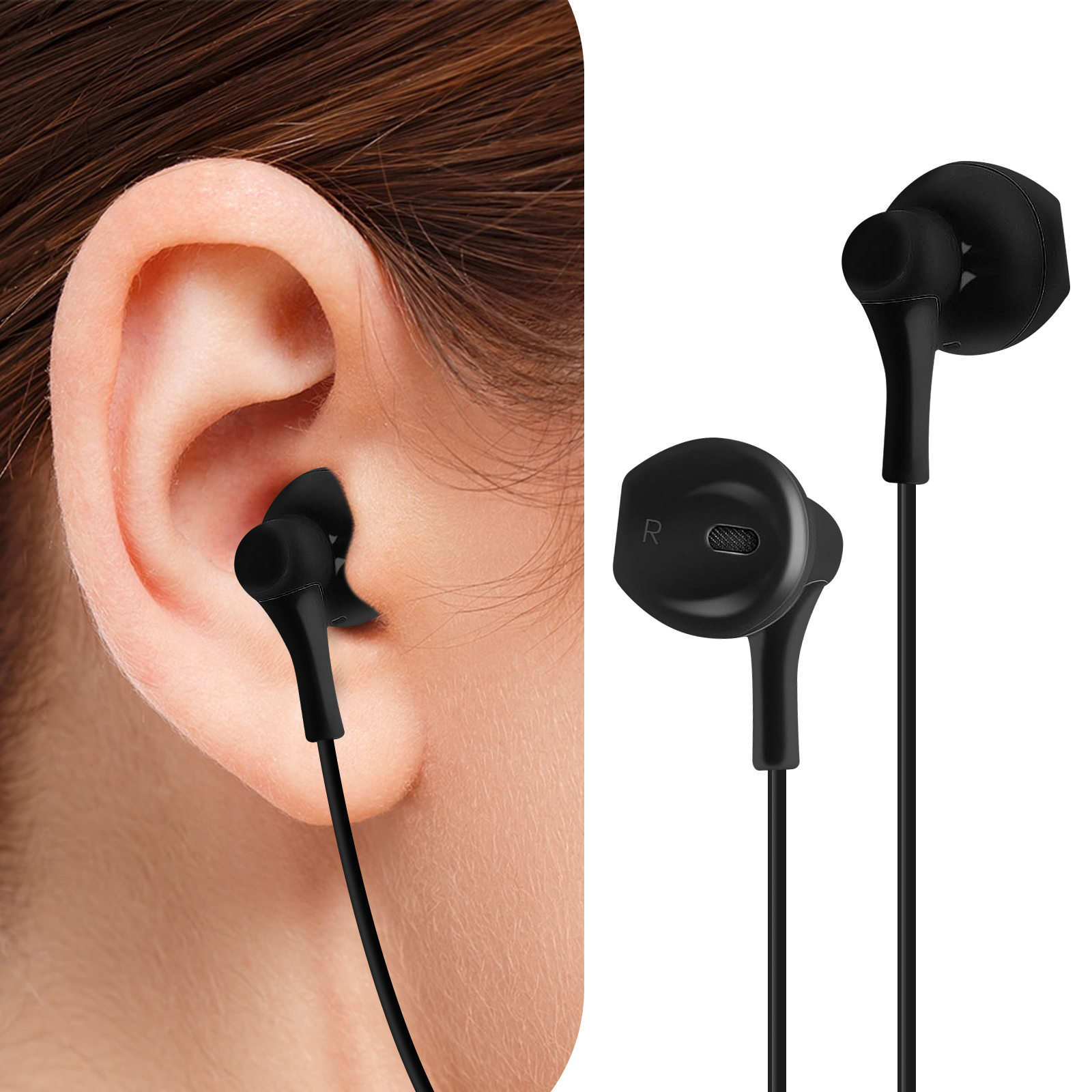 Auricolari neri, uno in un orecchio e altri due. Sfondo bianco.