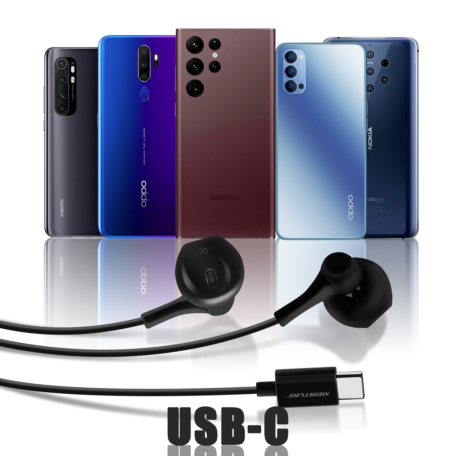 Sei smartphone e un paio di auricolari USB-C neri, collegati da un cavo.