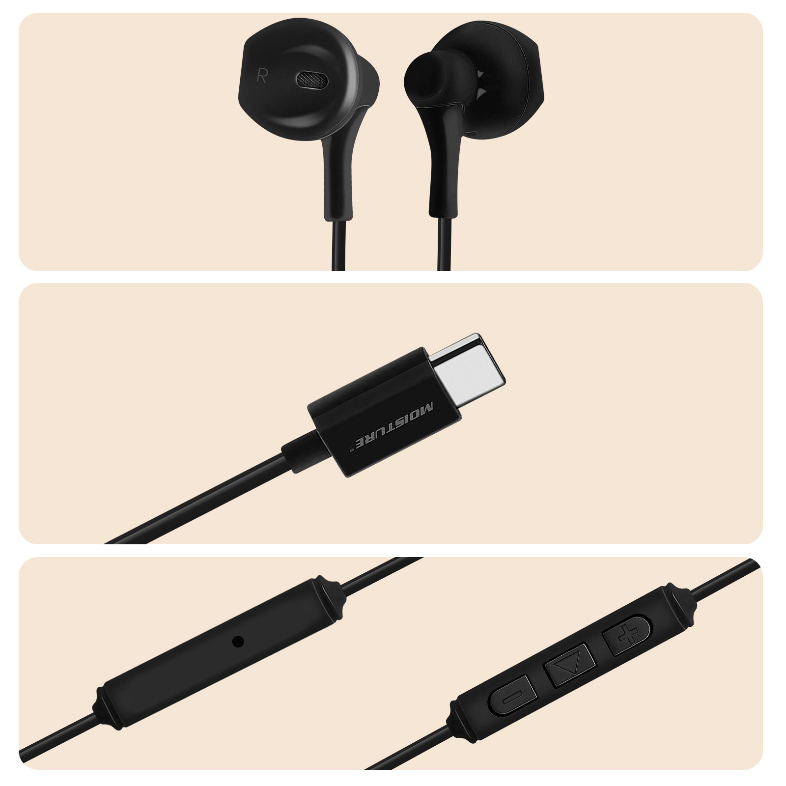 Immagine in tre parti: auricolari neri, connettore USB-C, pannello.