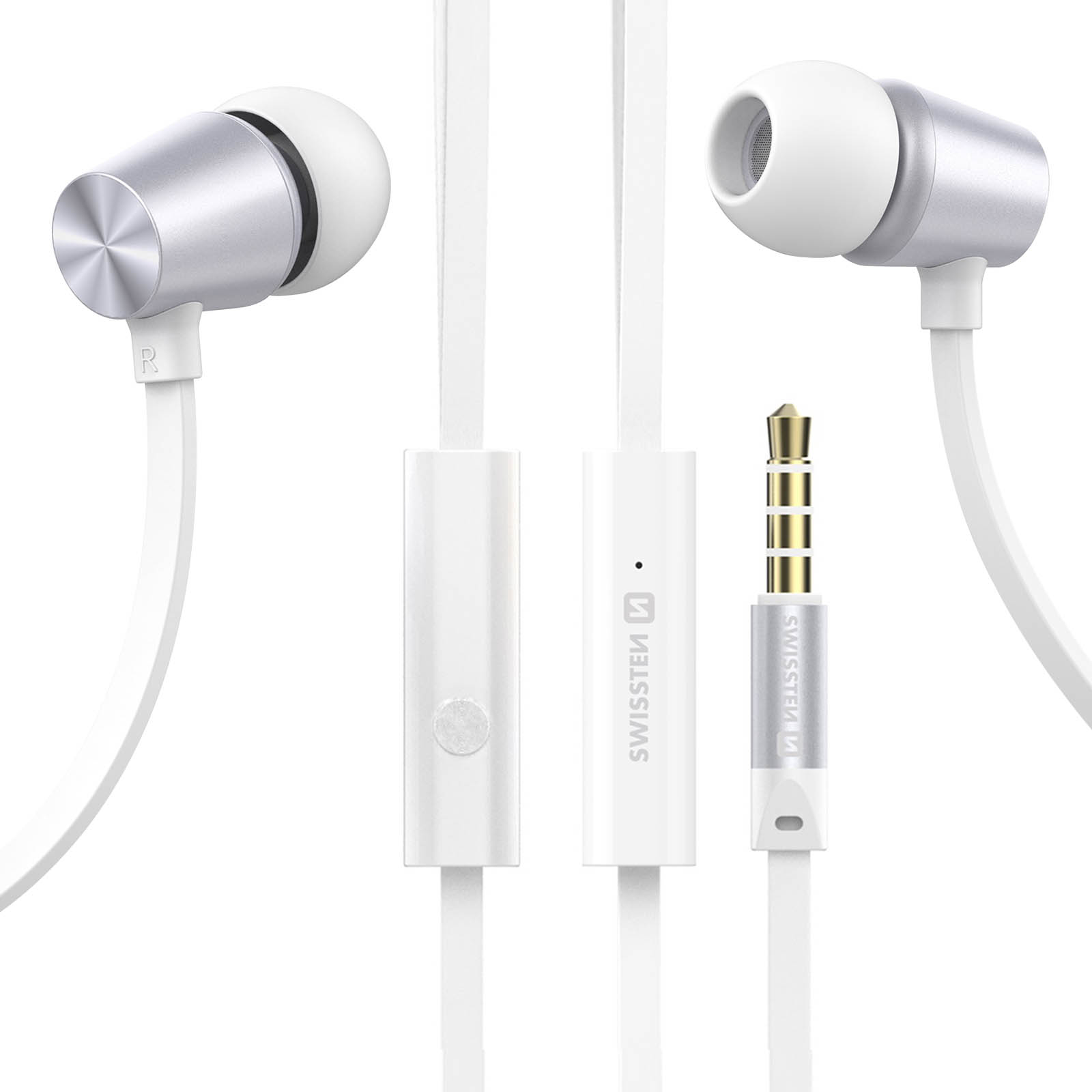 Auricolari bianchi con dettagli argentati. Cavo bianco, connettore dorato. Marchio Swissten visibile.