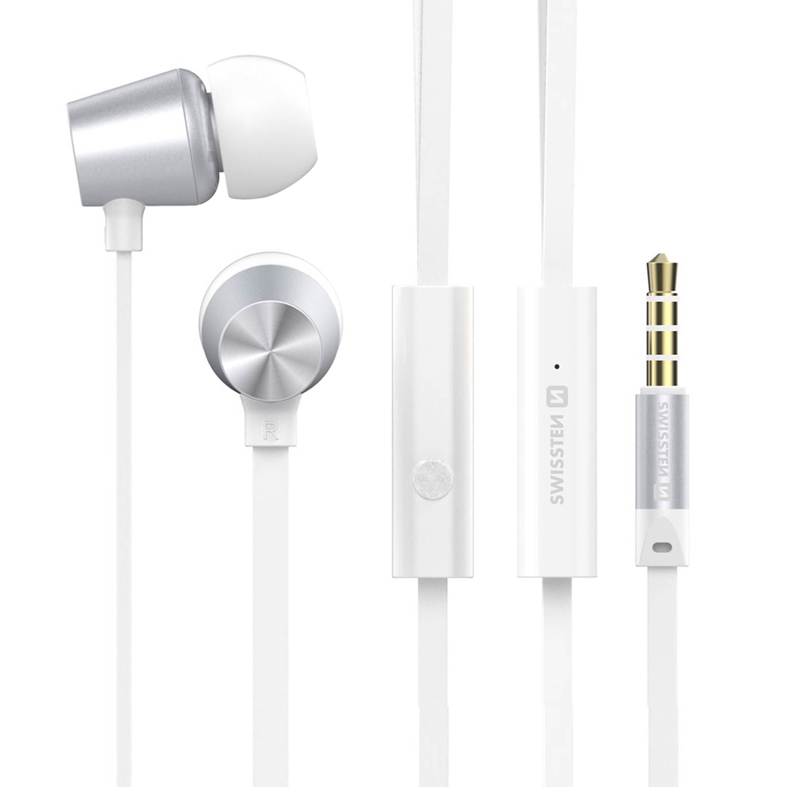 Auricolari bianchi con accento argento e cavo bianco, collegati a controllo e jack bianchi.