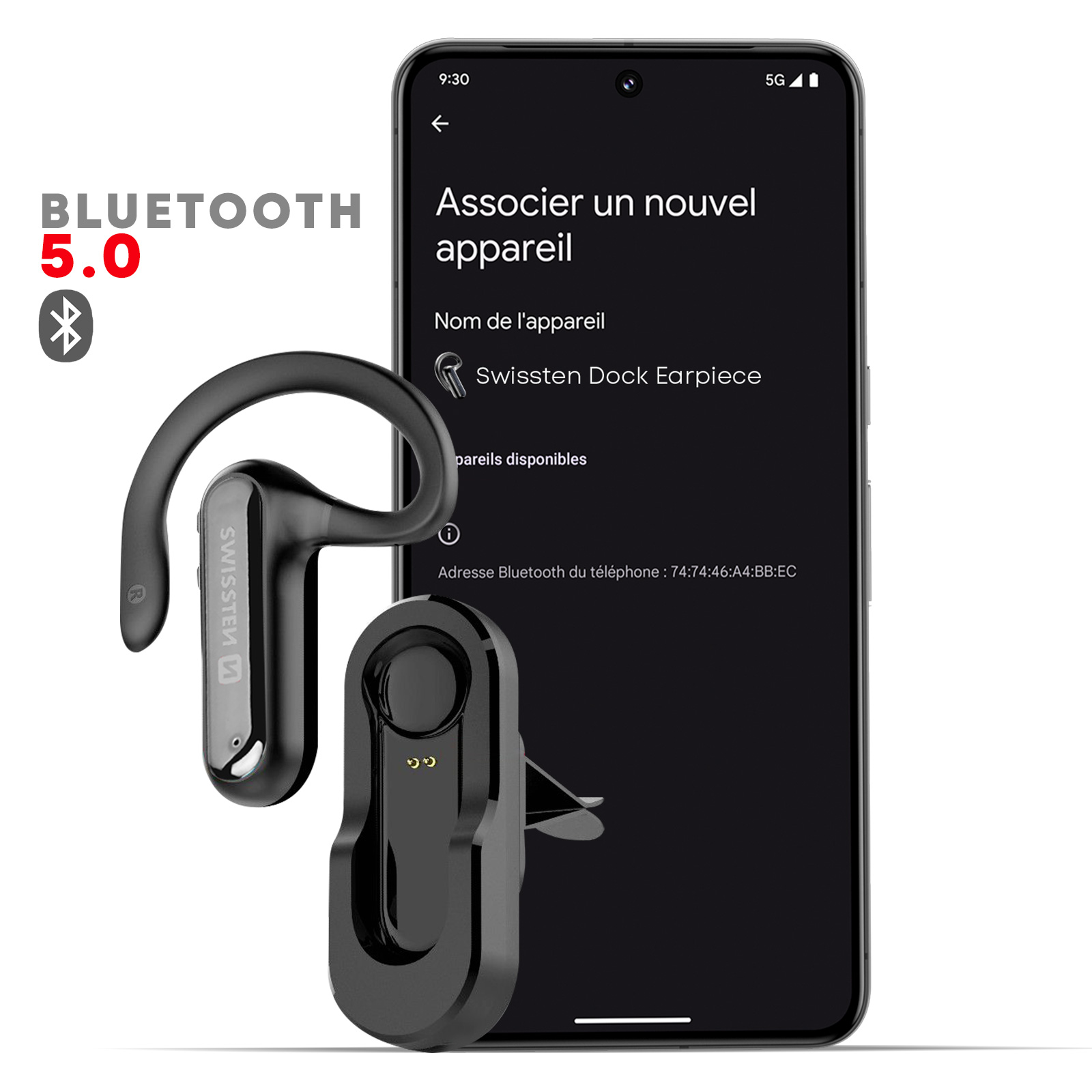 Ein schwarzer Ohrhörer und das Ladegerät werden neben einem Telefonbildschirm mit Kopplungsanweisungen angezeigt. Bluetooth 5.0 Logo.