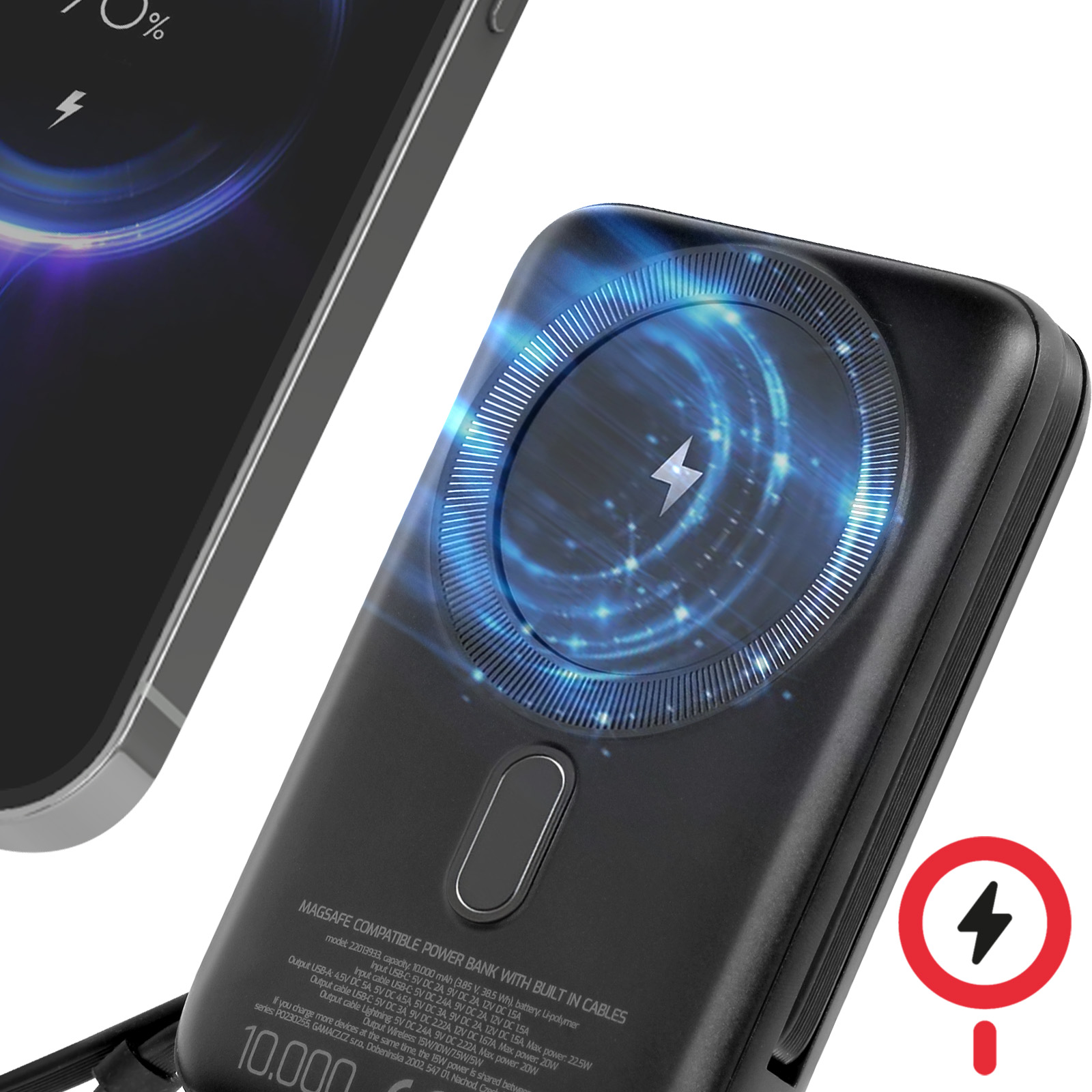 Schwarze Powerbank mit kabellosem Ladekreis. Ein Telefon ist daneben. Ein Blitzsymbol befindet sich rechts.