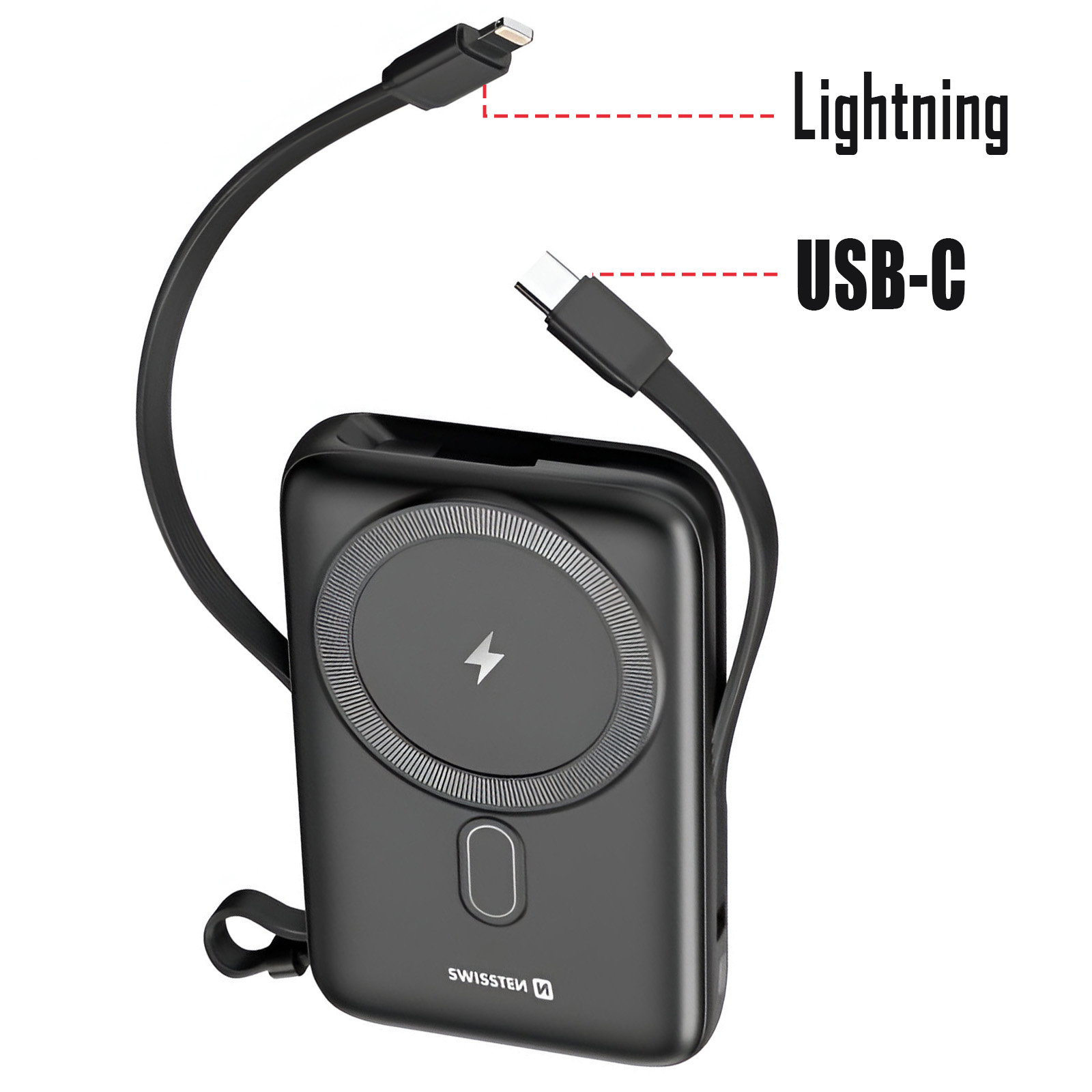 Schwarze Powerbank mit Lightning- und USB-C-Kabeln, weißer Hintergrund.