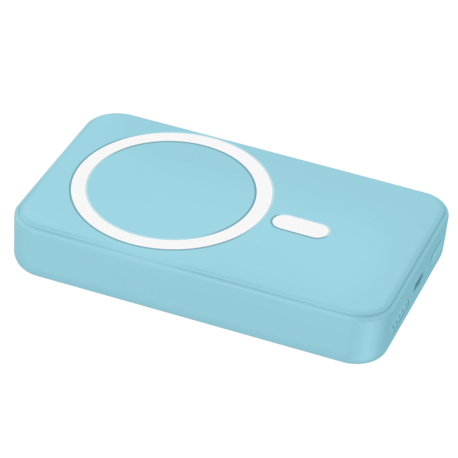 Een lichtblauwe powerbank met een witte oplaadcirkel.