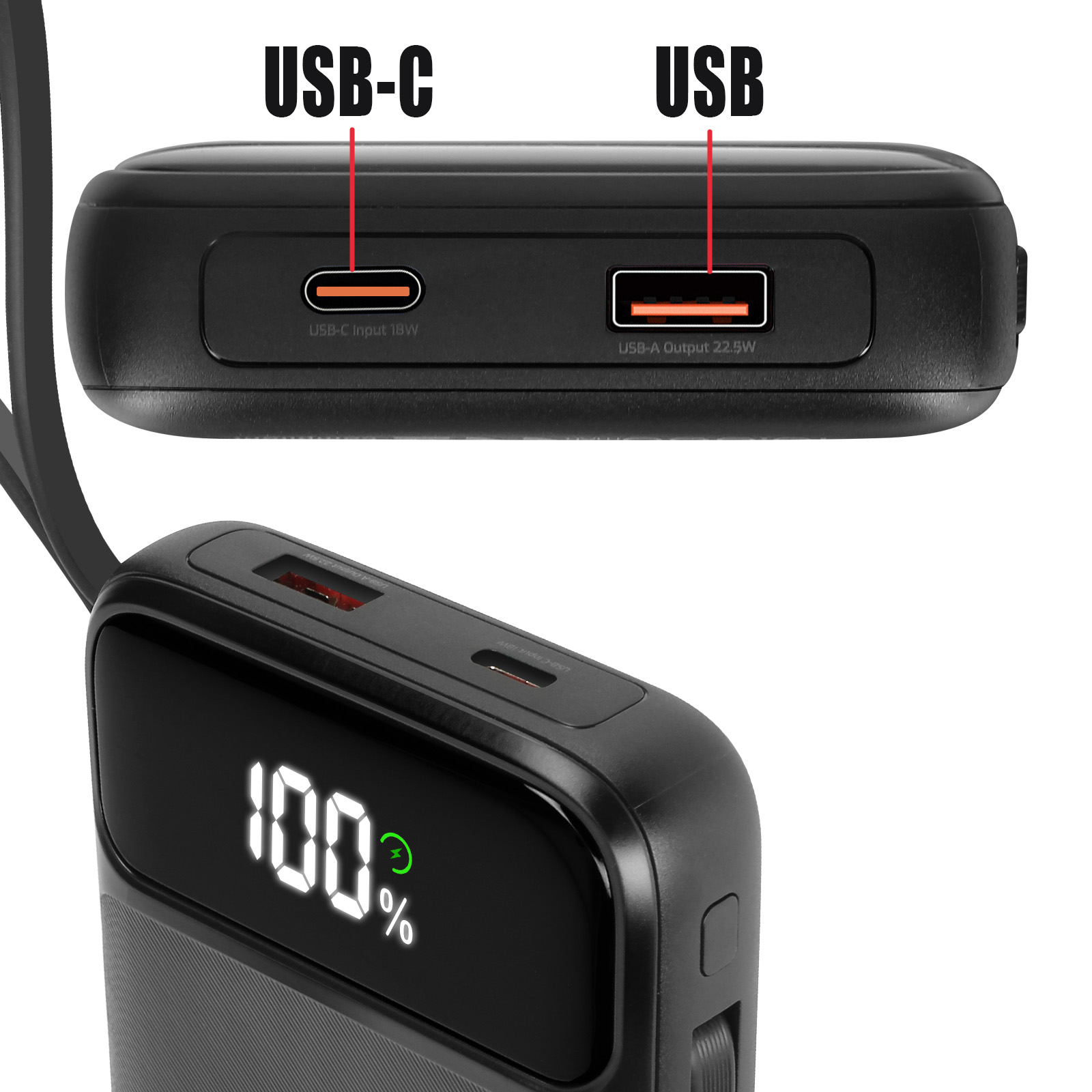 Schwarze Powerbank mit USB-C- und USB-Anschlüssen, zeigt eine digitale Anzeige von 100 % Ladung.