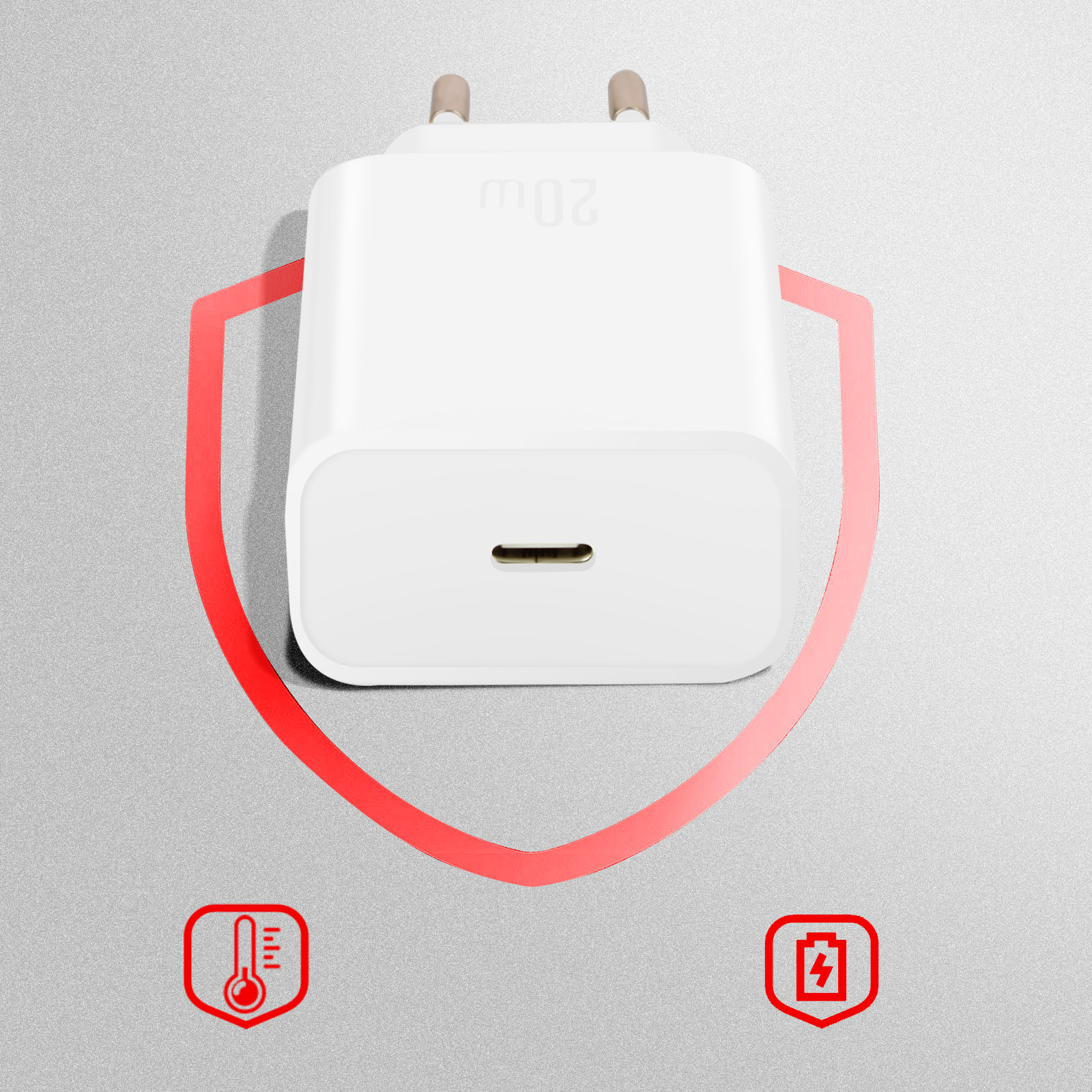 Cargador blanco con puerto USB-C. Gráfico de escudo rojo e iconos de temperatura y batería.