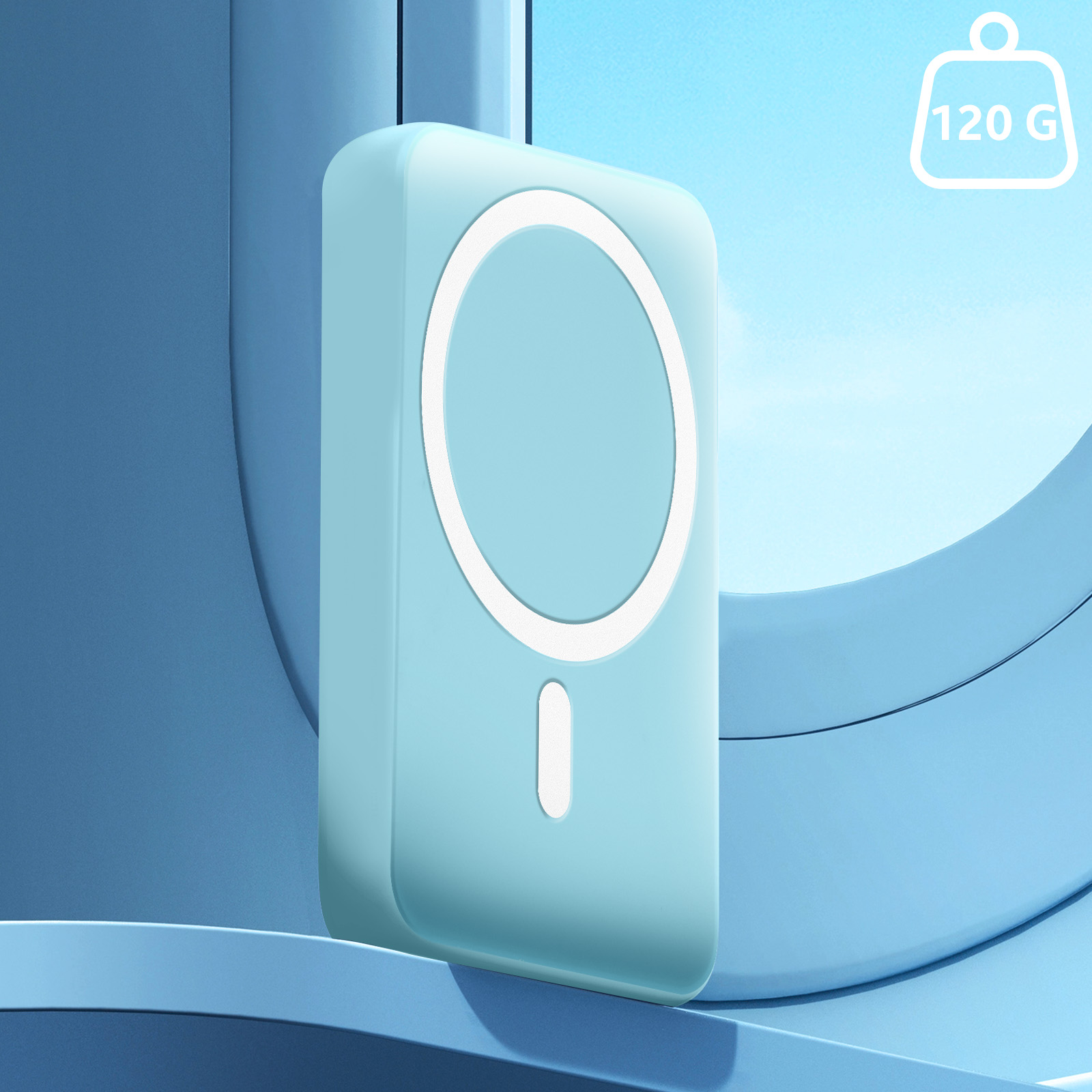 Een blauwe powerbank met witte cirkel en 120g gewicht, op een blauwe achtergrond.