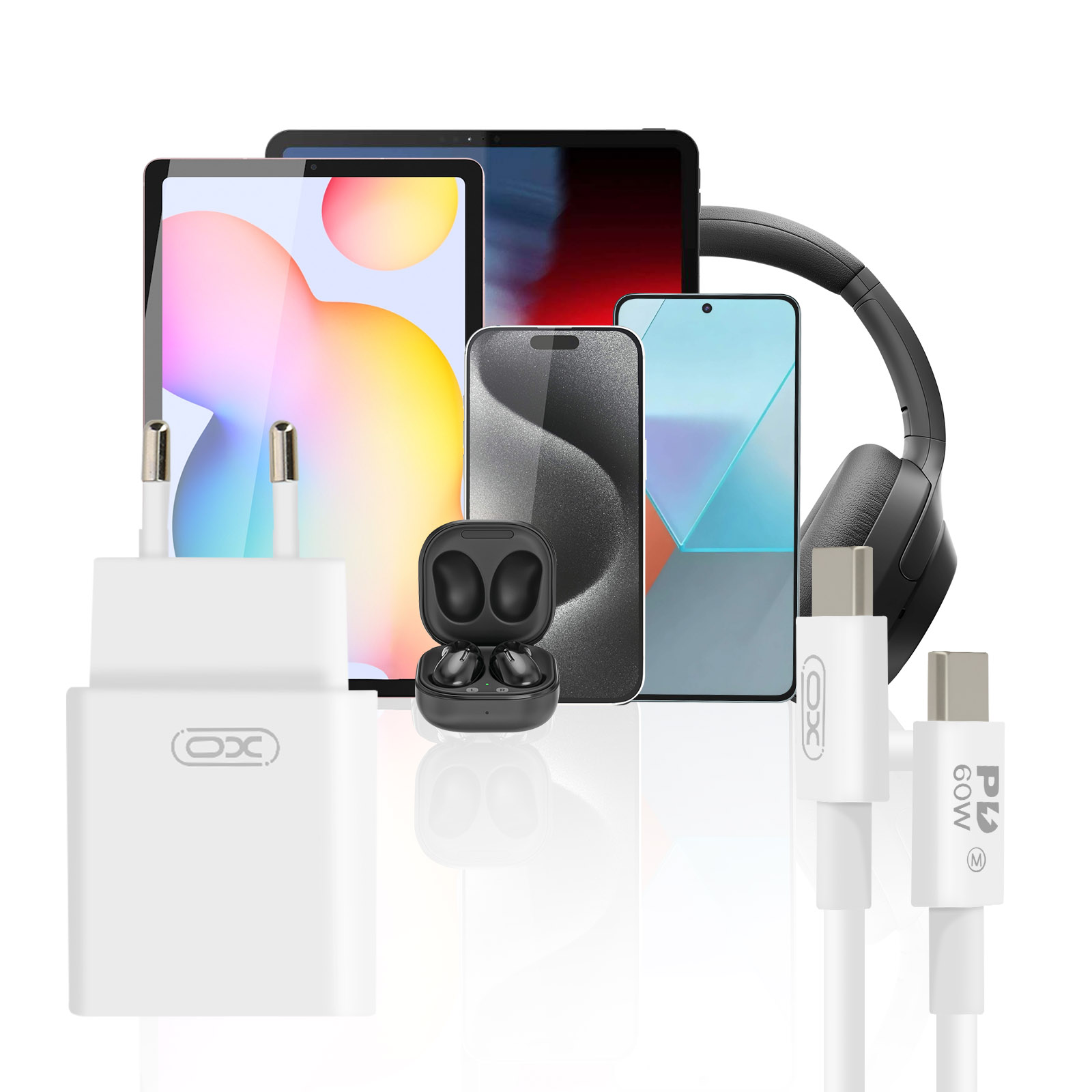 Una colección de dispositivos electrónicos, incluyendo una tableta, teléfono, auriculares, cargador y cables.