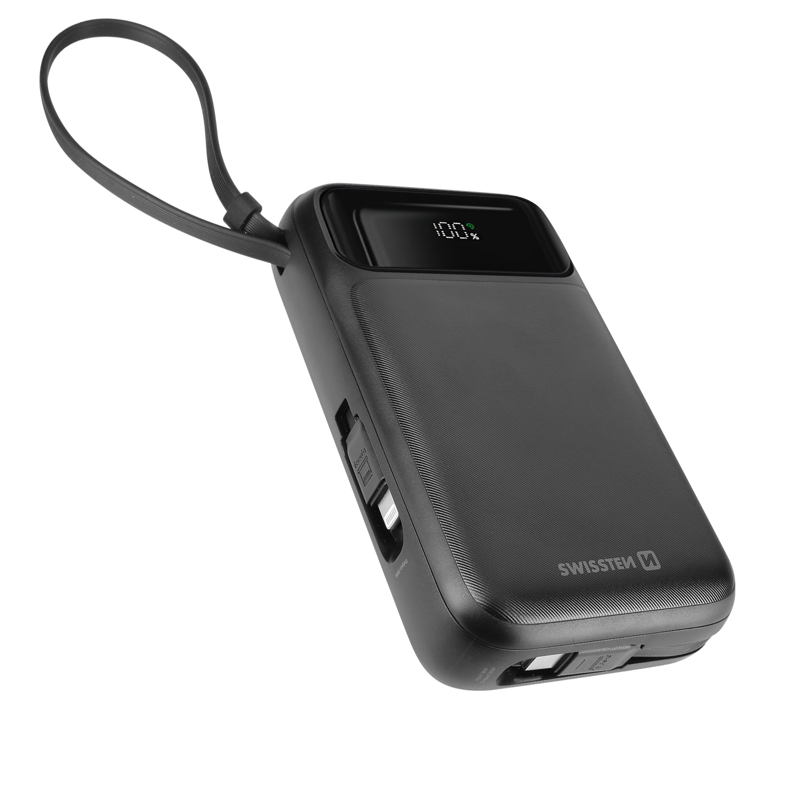 Power bank nero con anello in alto, uno schermo mostra il 100%, su sfondo bianco.