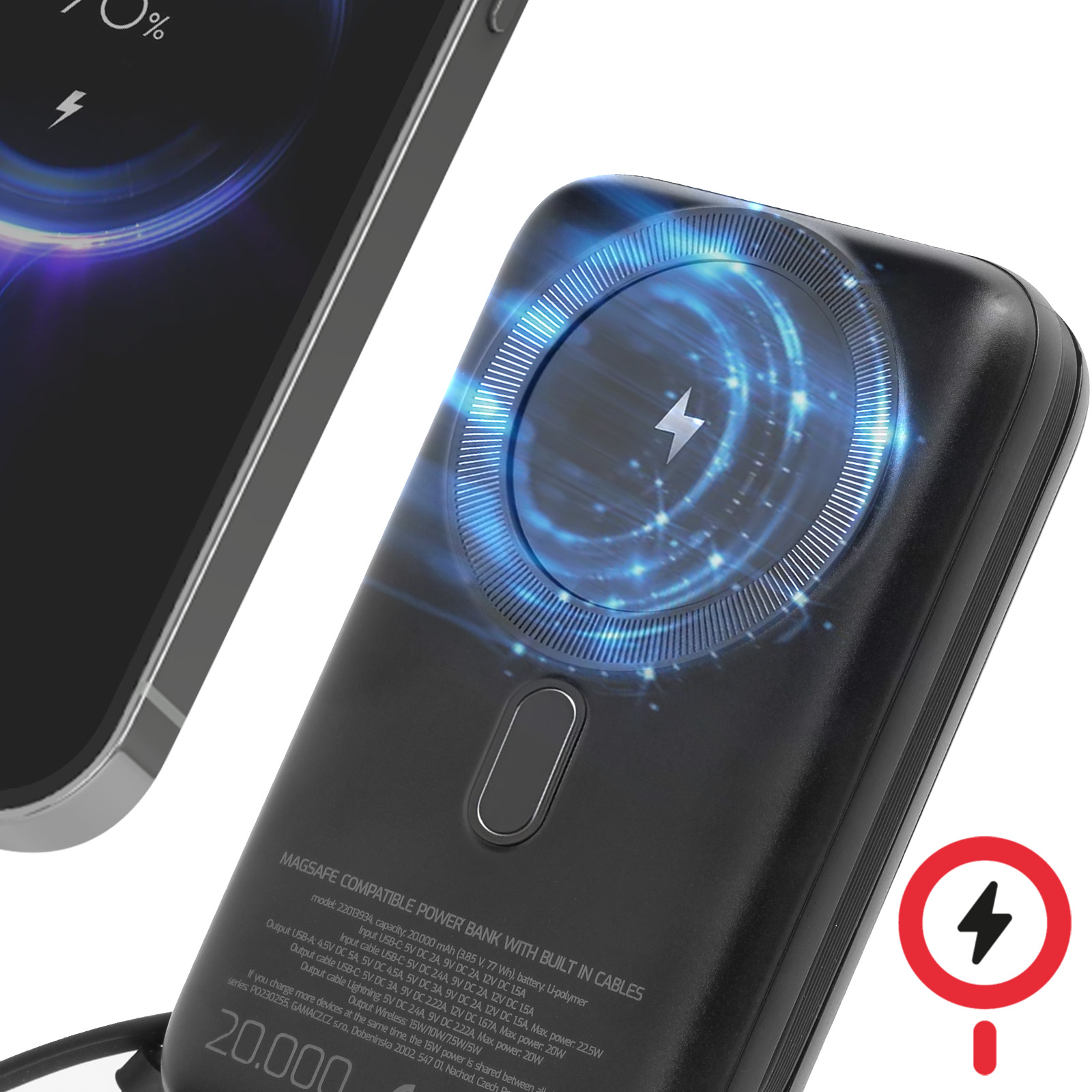 Power bank nero con ricarica wireless del telefono. Il power bank ha la scritta "20.000".