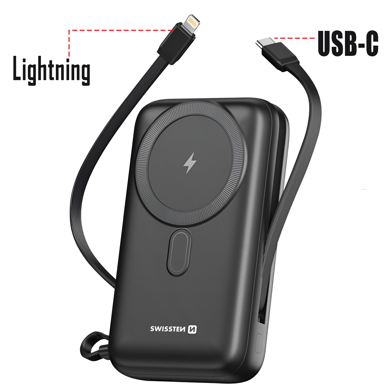 Power bank nero con cavi Lightning e USB-C. Il testo in alto dice: Lightning e USB-C.