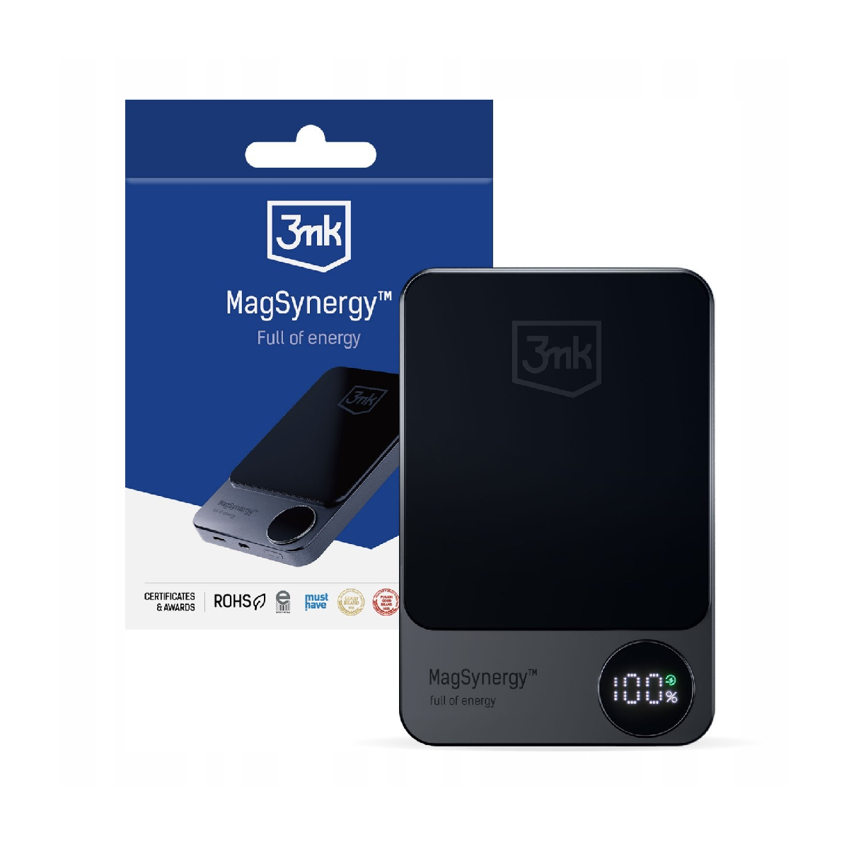 Czarny power bank z ekranem. Wyświetla 100%. Opakowanie z logo i nazwą produktu.