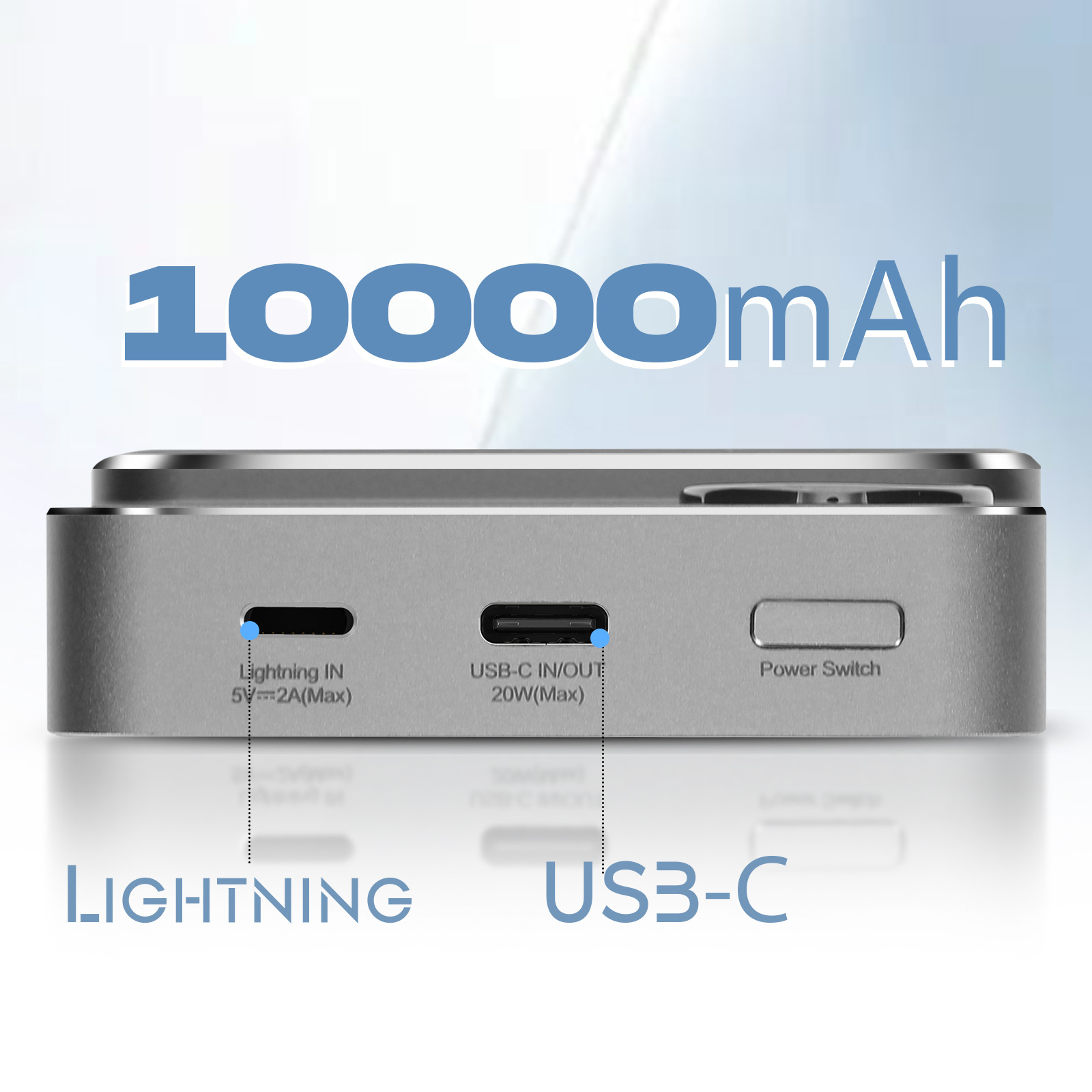 Srebrne urządzenie z portami Lightning i USB-C, oznaczone, z tekstem 1000mAh.