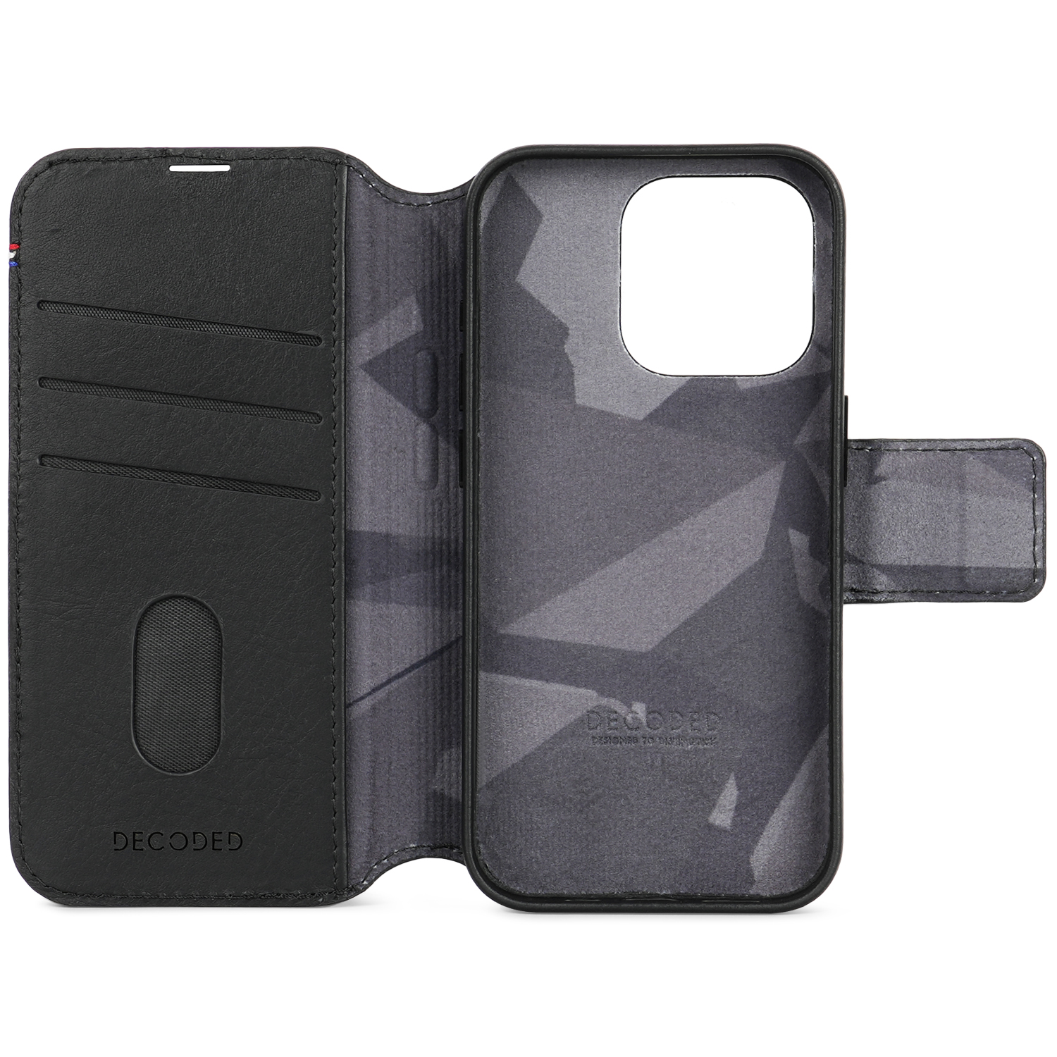 Geöffnete schwarze Handyhülle mit einem schwarzen Telefon und gemustertem Innenraum.