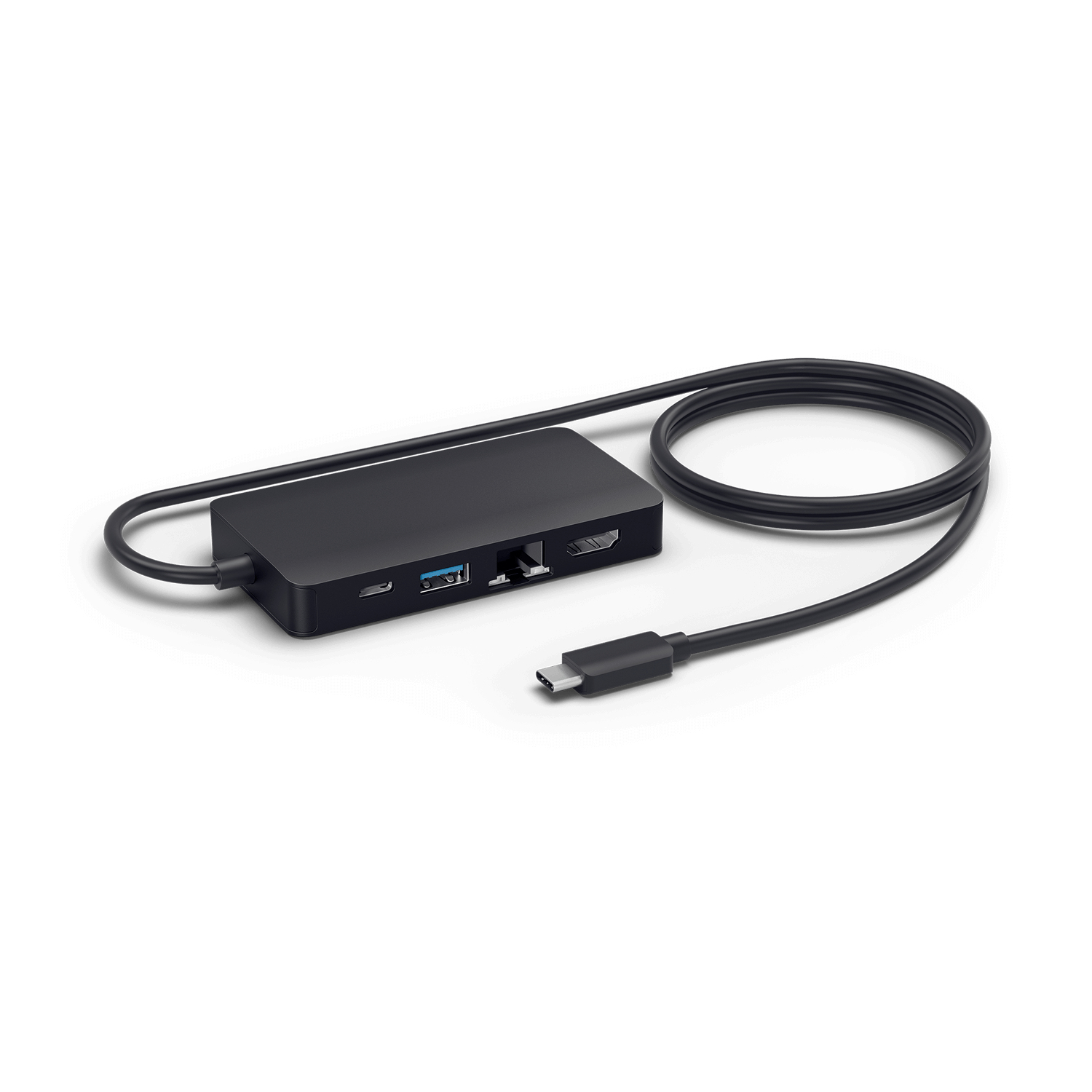 Hub nero con porte USB e HDMI, collegato a un cavo con connettore USB-C.