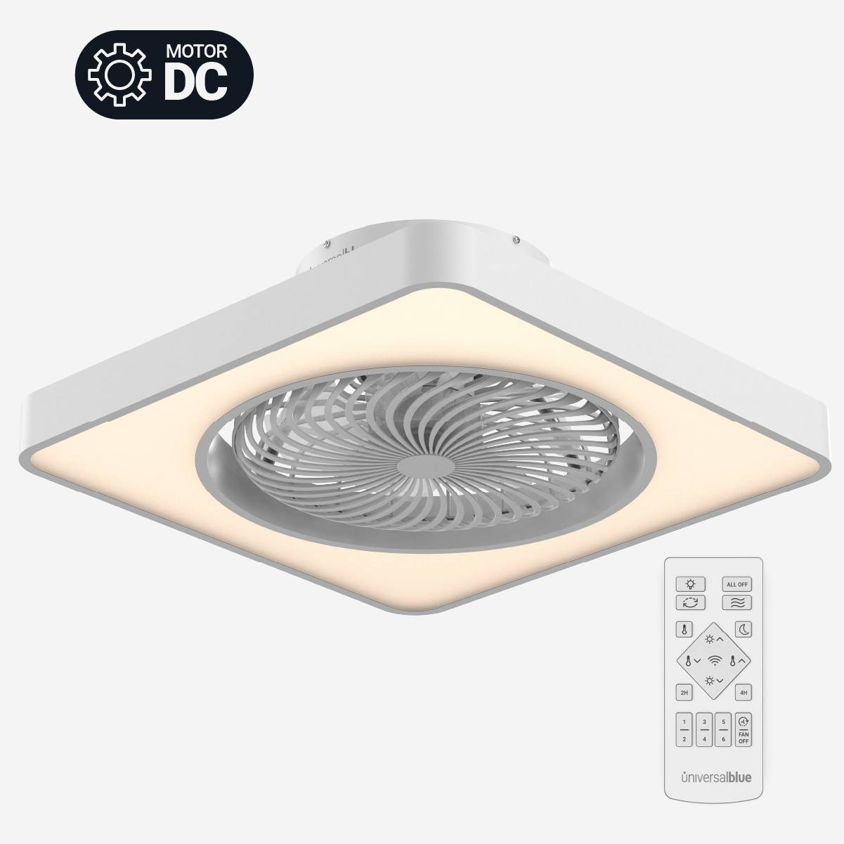 Ventilatore da soffitto con luci a LED e telecomando.