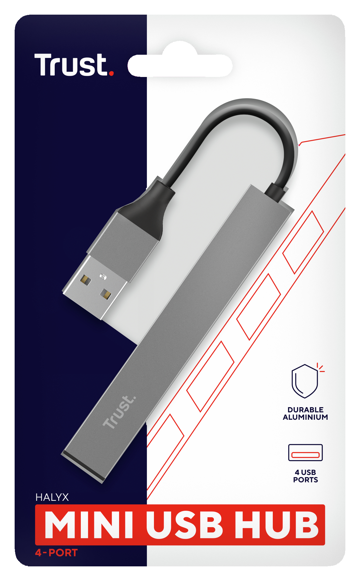 Eine Trust Mini USB Hub-Verpackung. Der Hub ist grau, verbunden mit einem schwarzen Kabel.
