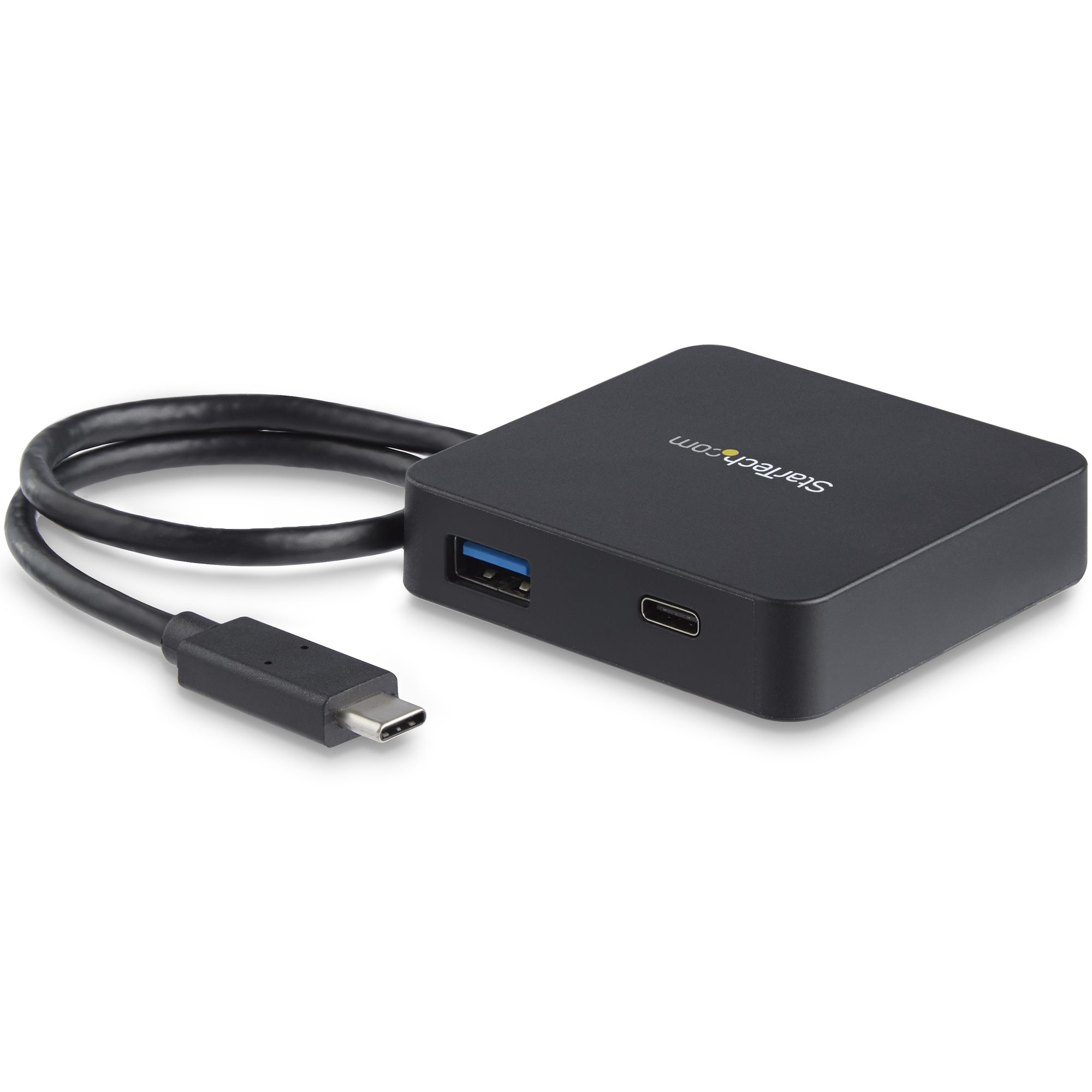 Un hub USB nero con un cavo USB-C e una porta USB.
