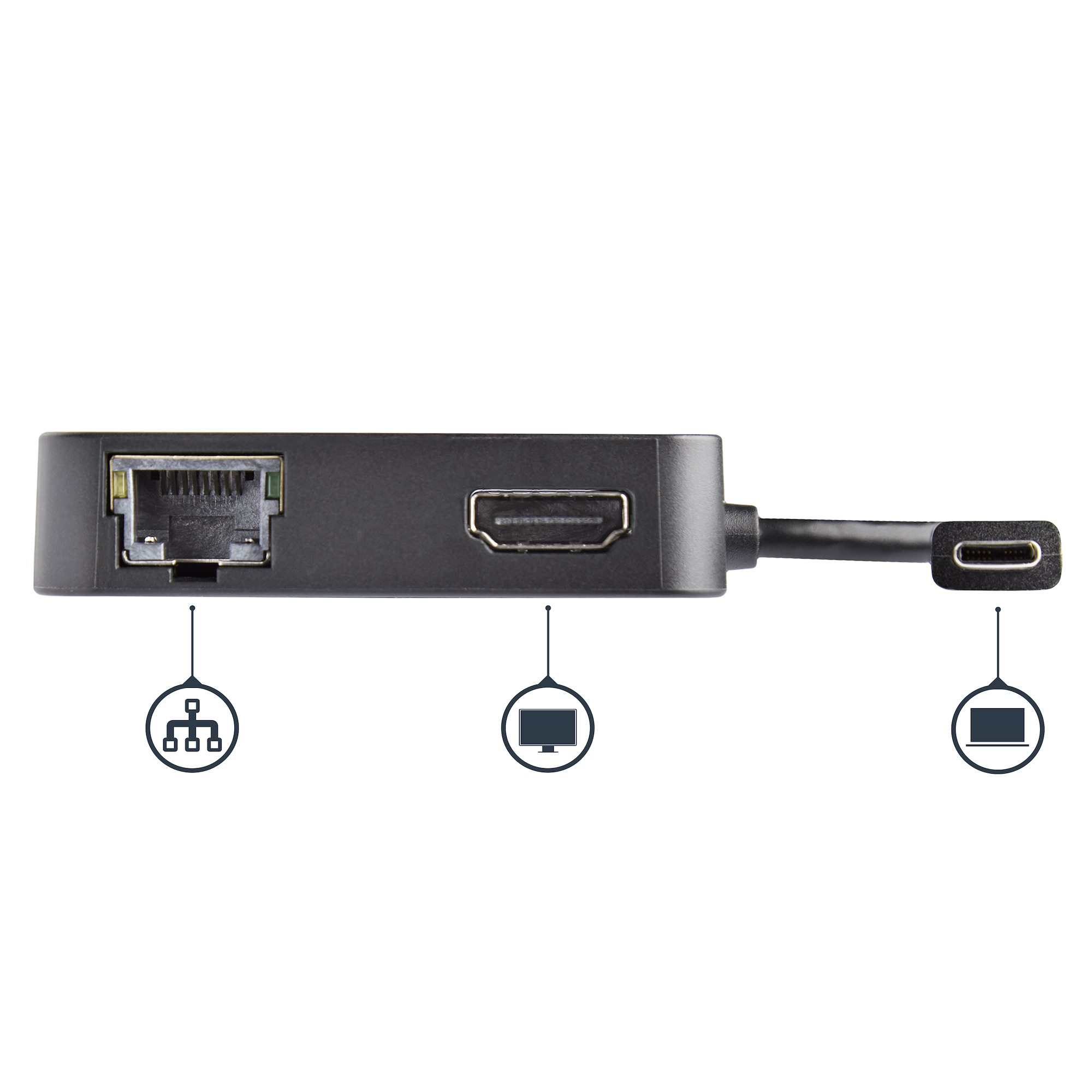 Un hub nero con diverse porte, tra cui Ethernet, HDMI e USB-C.