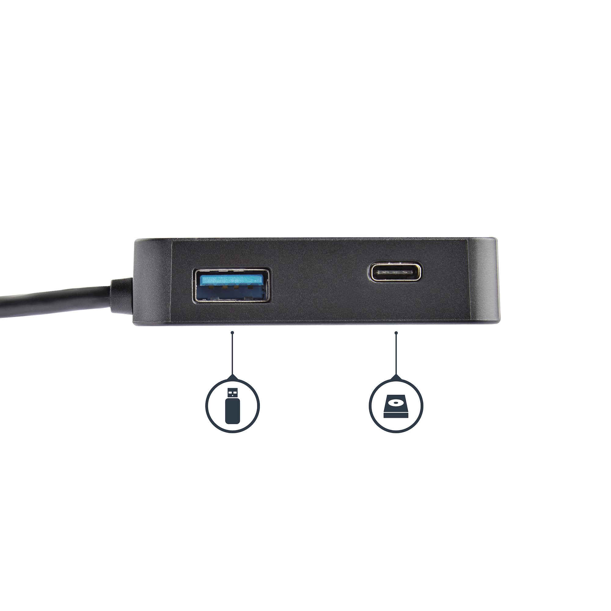 Hub USB nero con porte USB e USB-C, con icone per unità USB e disco rigido.