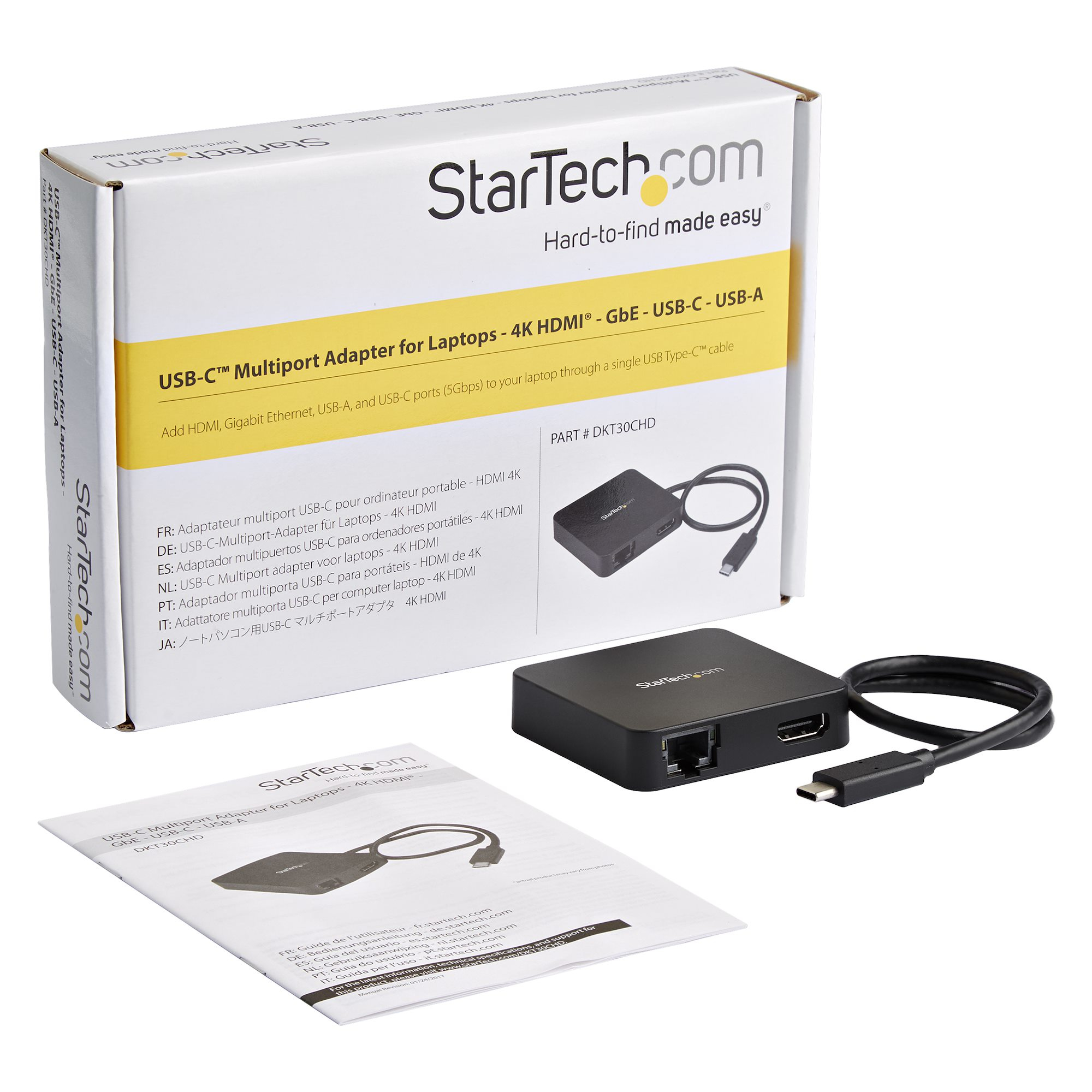 Scatola adattatore multiporta USB-C, adattatore e cavo su bianco. Include testo e diagrammi.