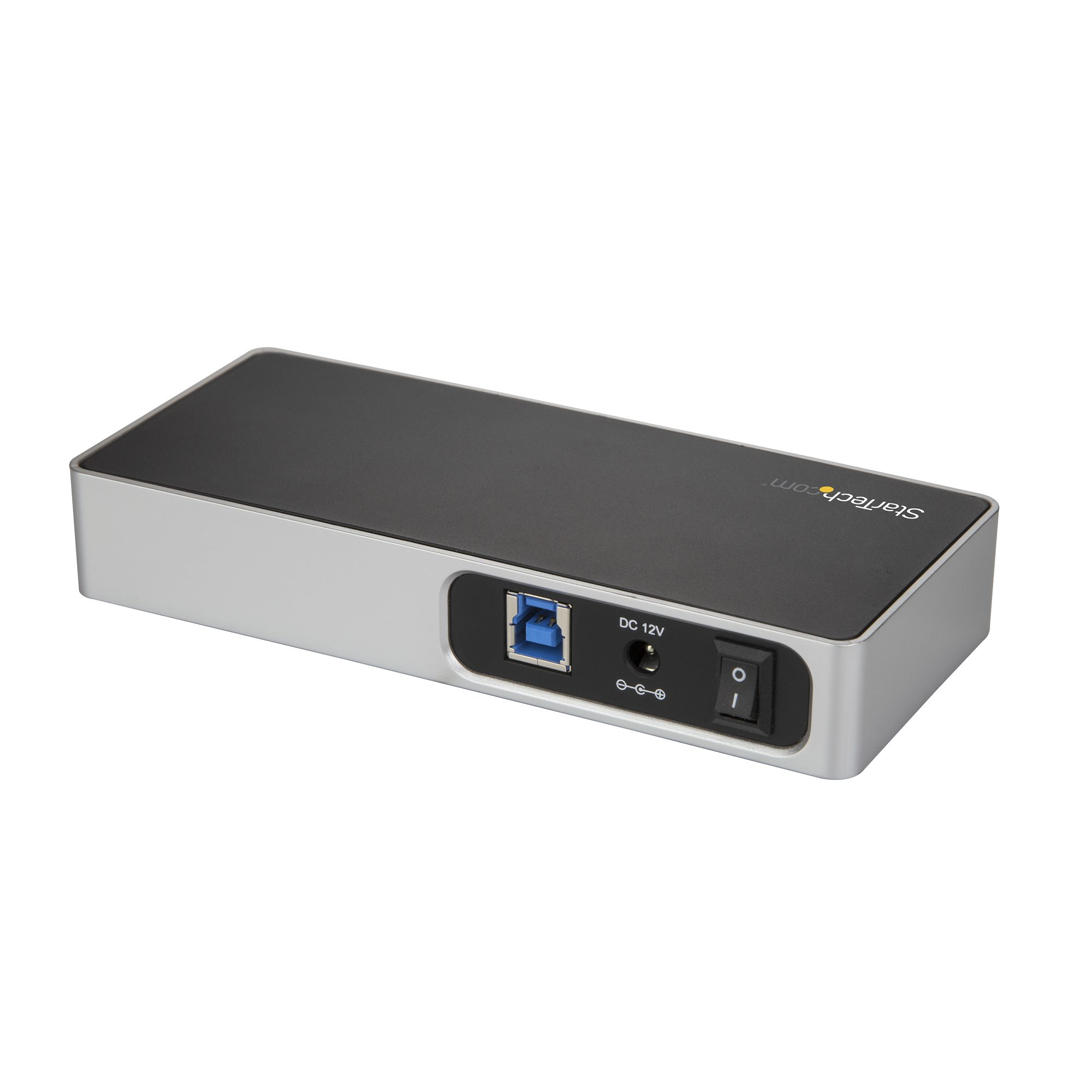 Ein silbernes und schwarzes Gerät mit Anschlüssen und einem Ein-/Ausschalter. 'Startech.com' sichtbar.
