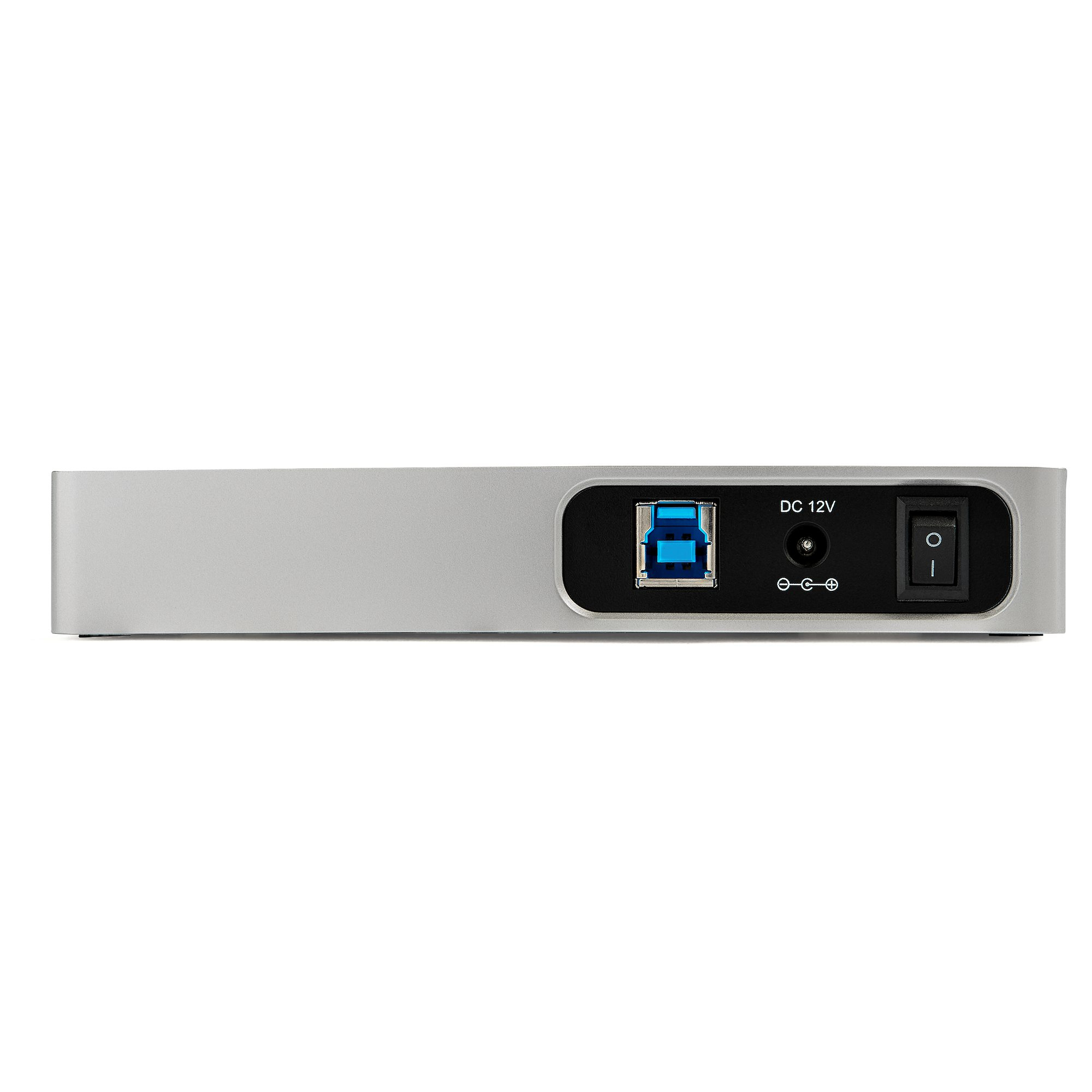 Silberner USB-Hub mit Netzschalter und Anschlüssen. Er hat einen DC 12V-Eingang.