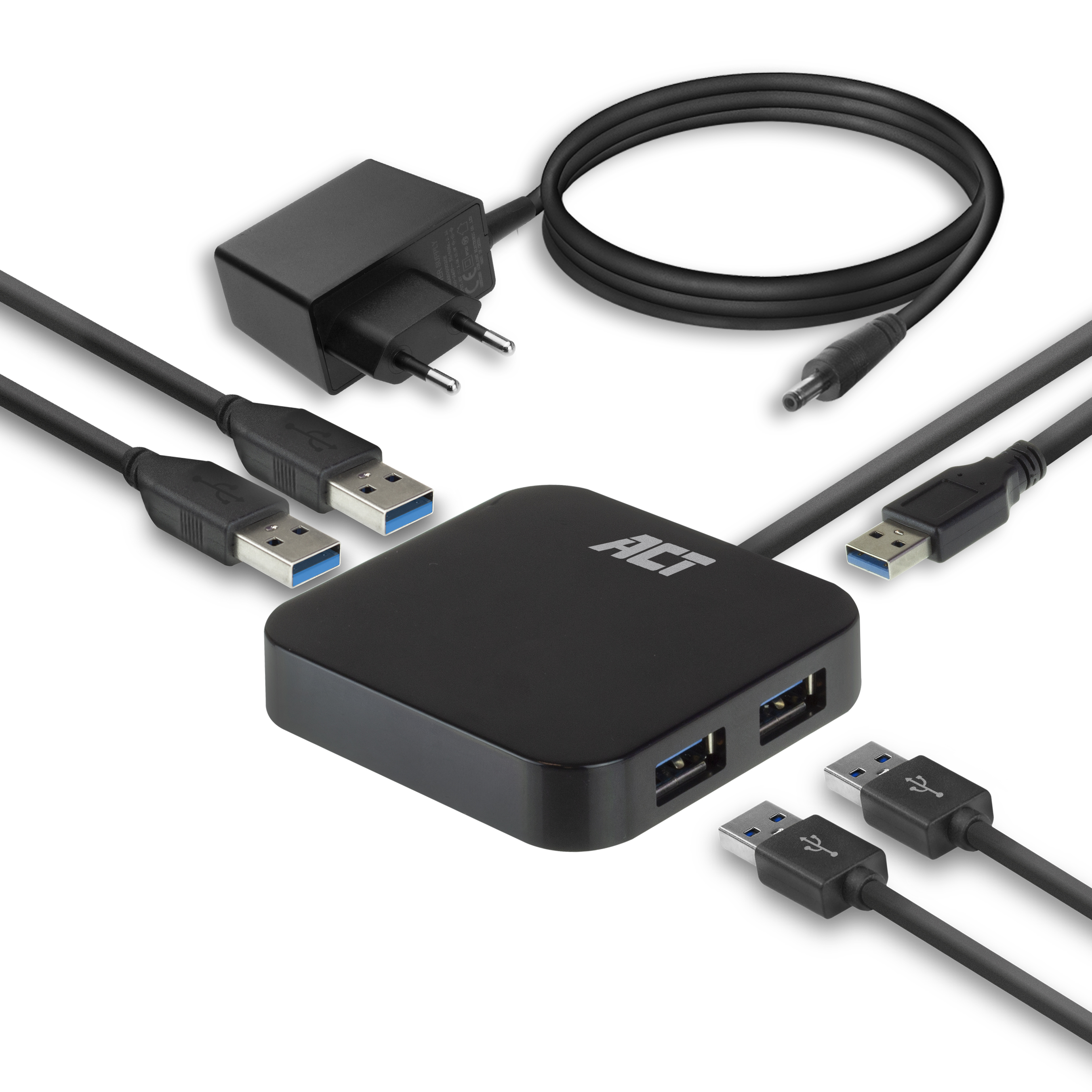 USB-Hub mit Kabeln und Netzteil.