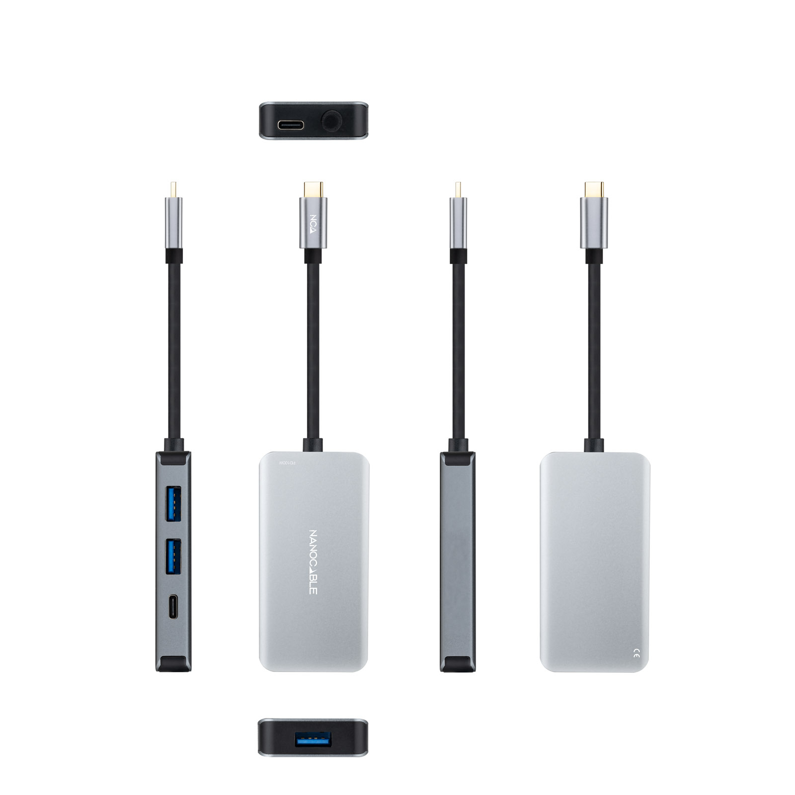 Mehrere silberne USB-C-Hubs mit Kabeln, schwarzer USB-Anschluss und schwarzer USB-C-Anschluss.