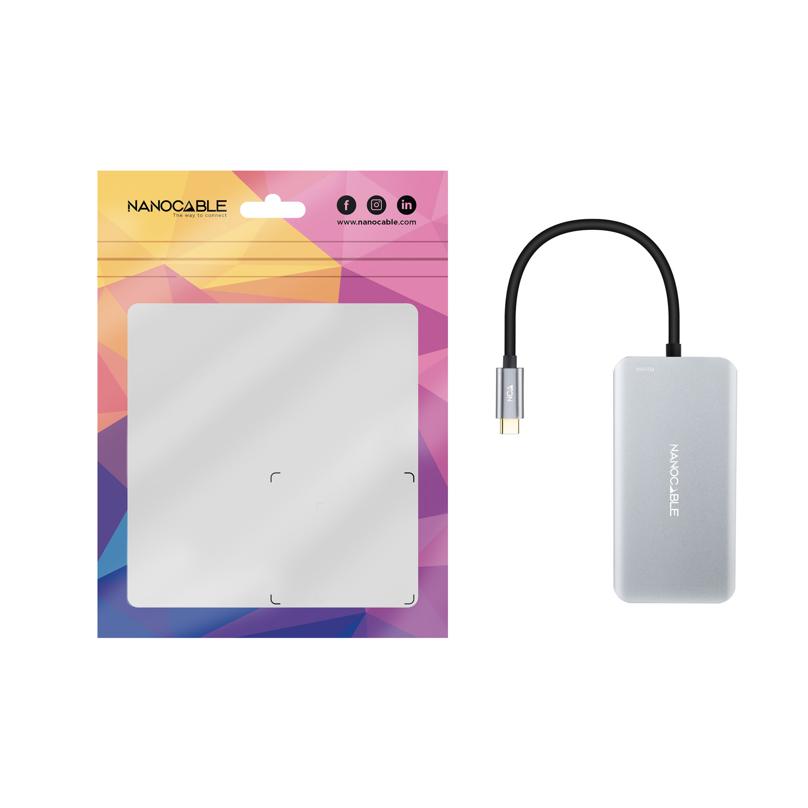 Ein grauer USB-C-Hub mit Kabel und Verpackung auf weißem Hintergrund.