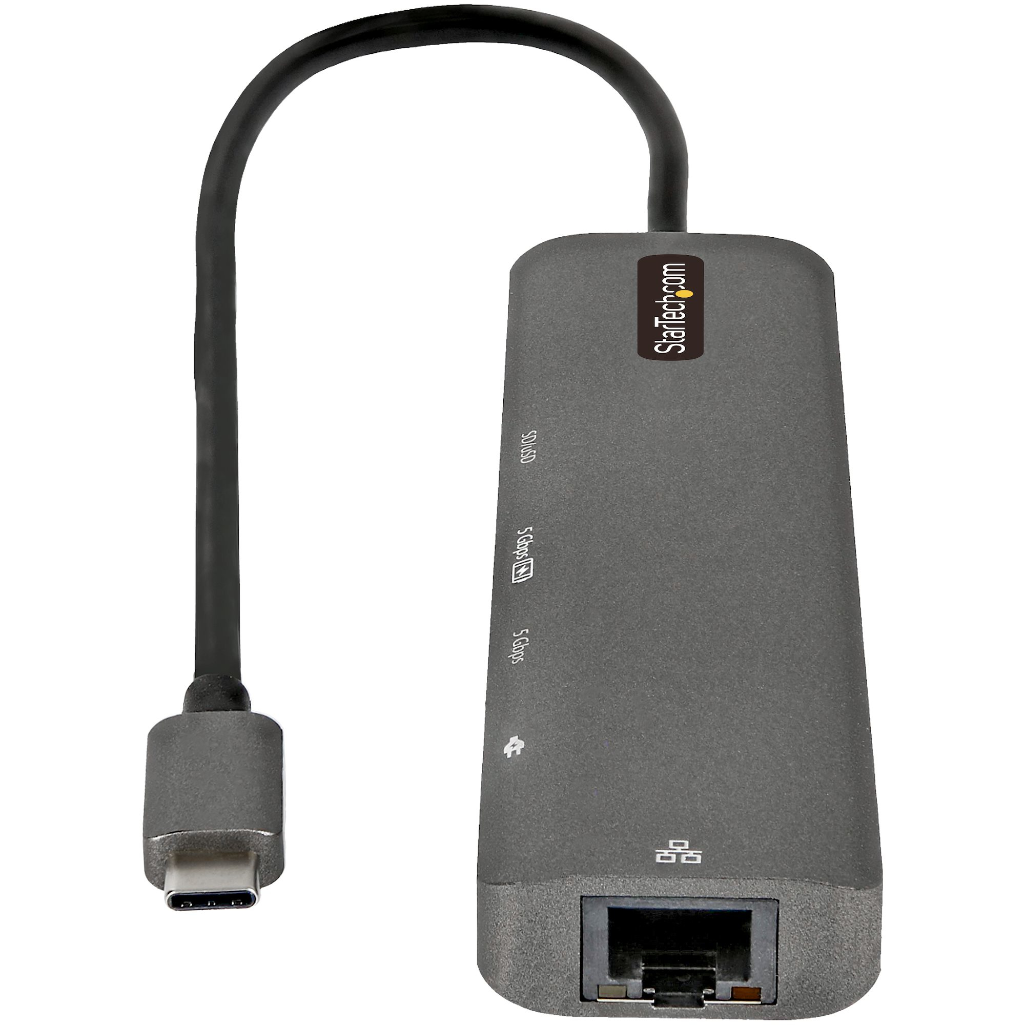 Grauer USB-C-zu-Ethernet-Adapter mit Kabel und Anschluss.