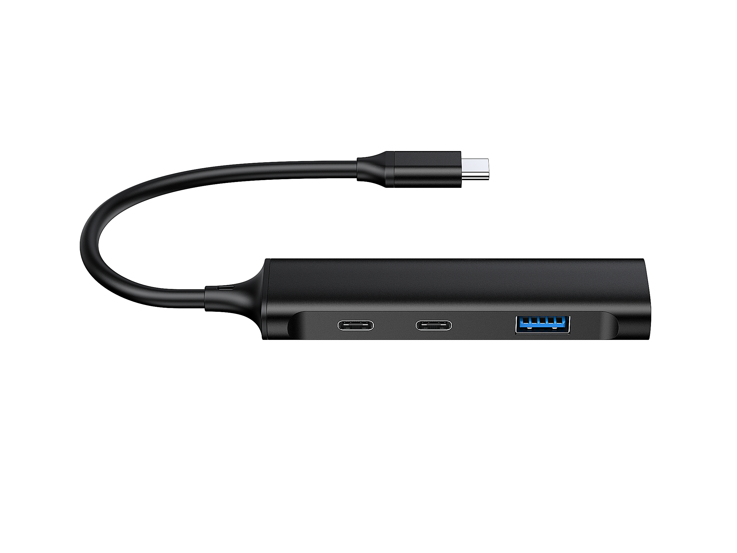 Schwarzer USB-C-Hub mit mehreren Anschlüssen und einem angeschlossenen Kabel, vor weißem Hintergrund.