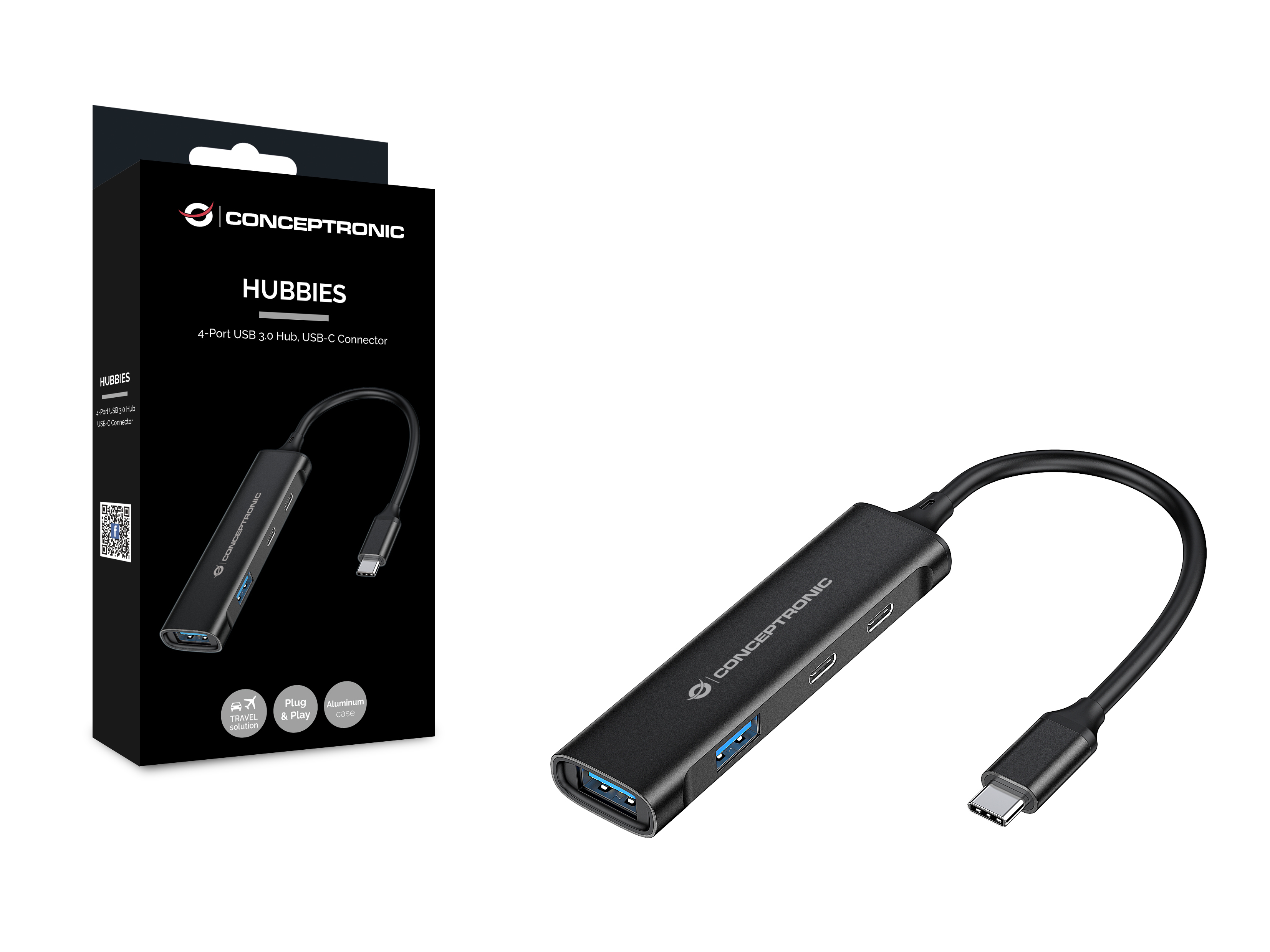 Schwarzer Hub mit USB-C-Anschluss und Anschlüssen. Box zeigt Hubbies und Funktionen. Weißer Hintergrund.