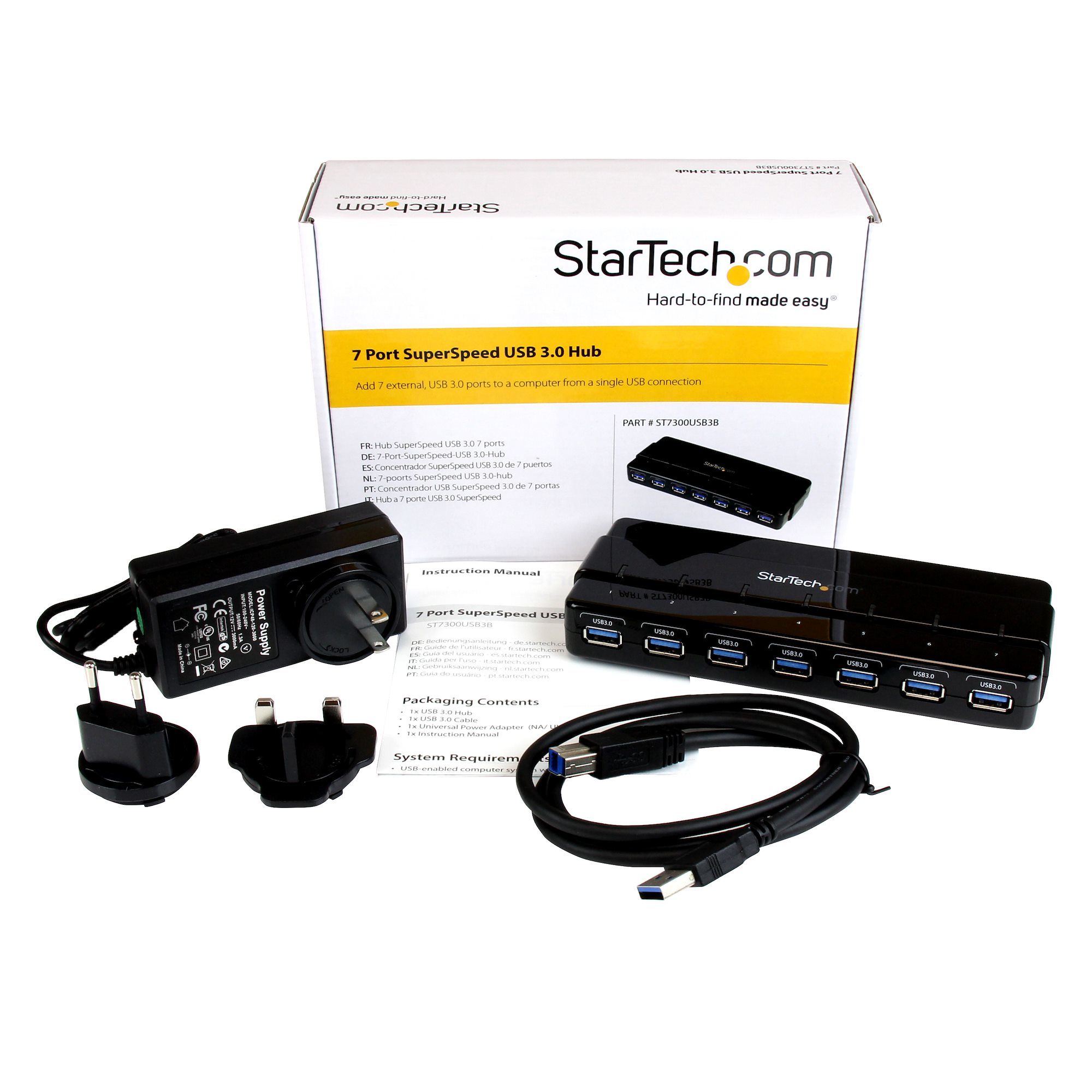 Kit hub USB StarTech. Include hub, adattatore di alimentazione e vari adattatori.