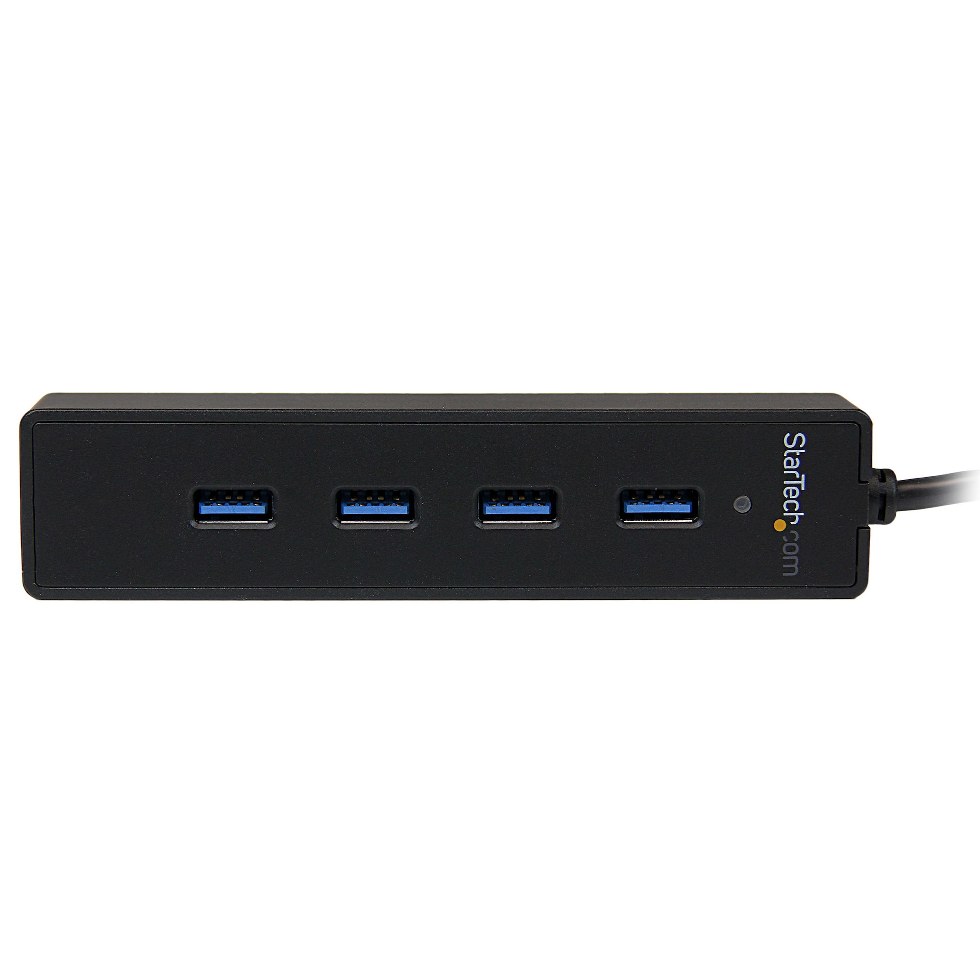 Hub USB nero con quattro porte USB. Logo Startech.com.