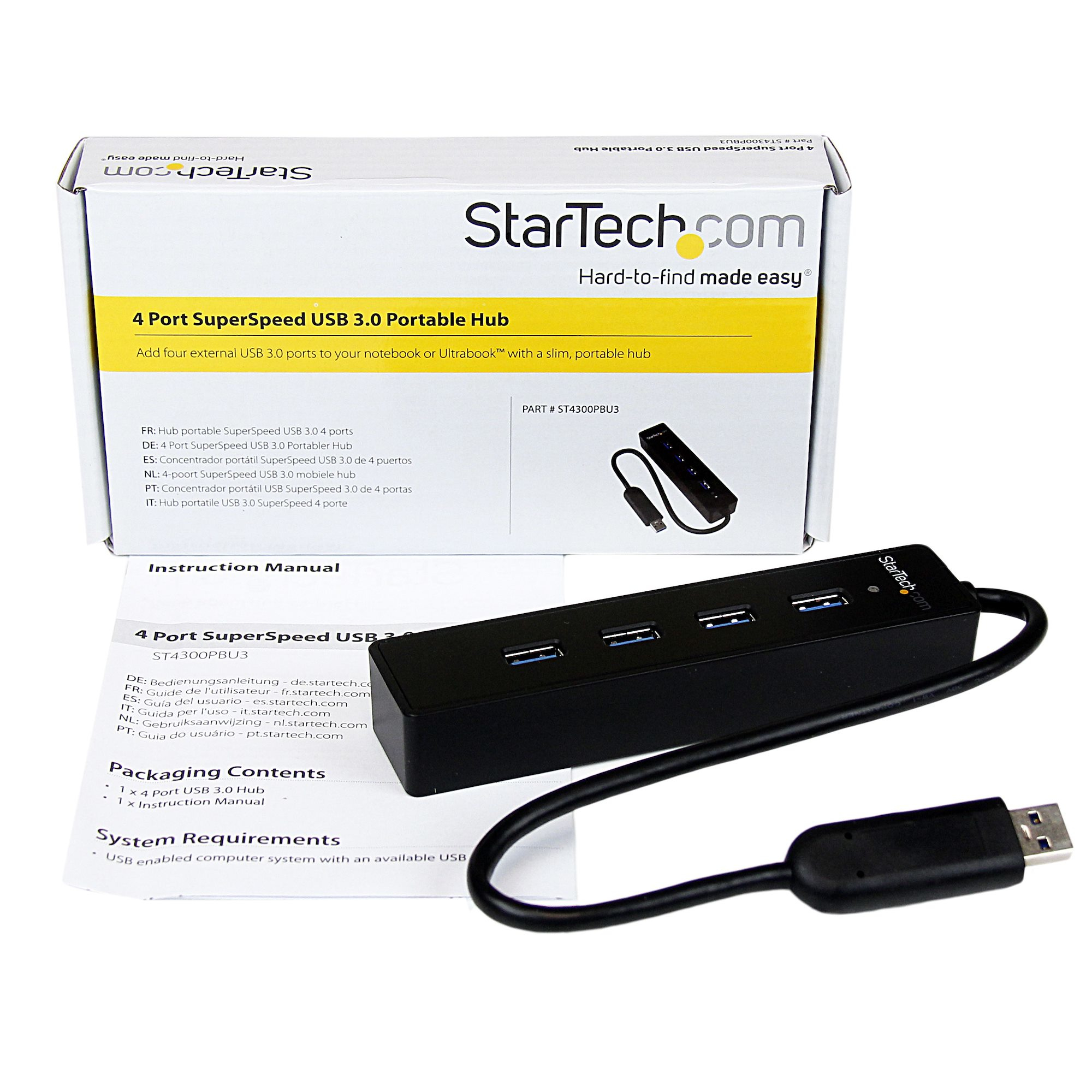 Hub USB e manuale di istruzioni, in una scatola, su sfondo bianco.