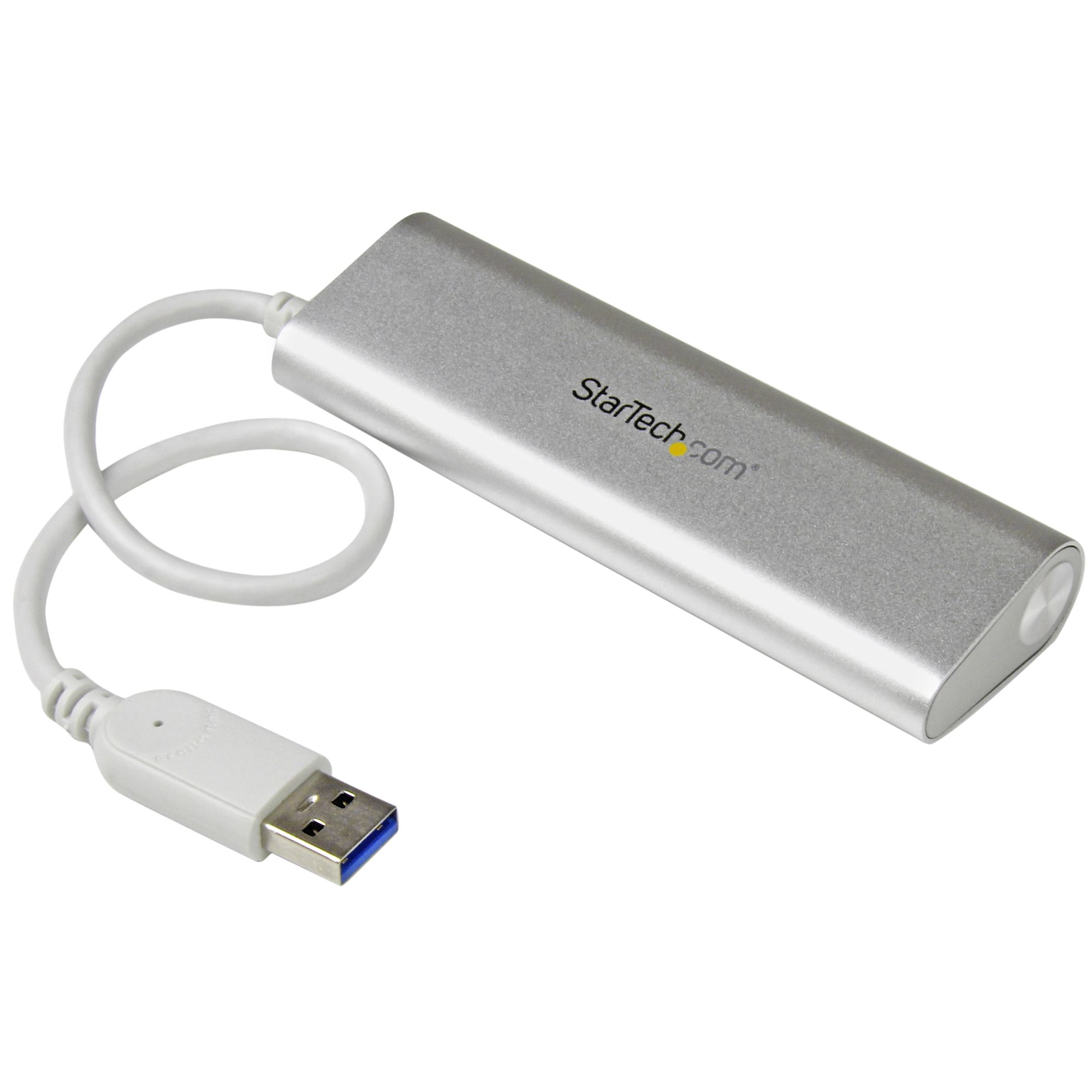 Hub USB argentato con cavo bianco e connettore USB. Marchio 'StarTech.com' visibile.