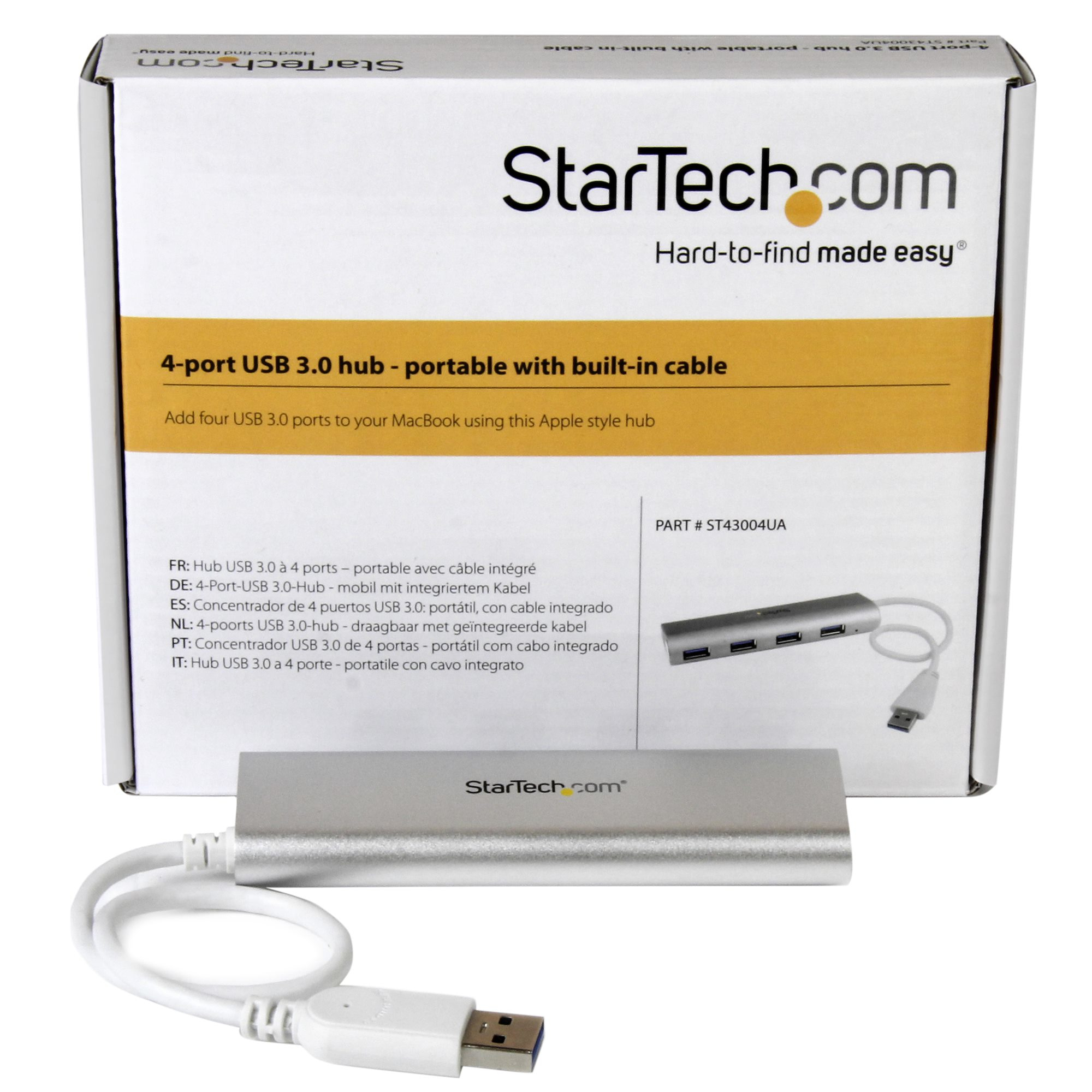 Una scatola e un hub USB argento con cavo bianco. Sfondo bianco.