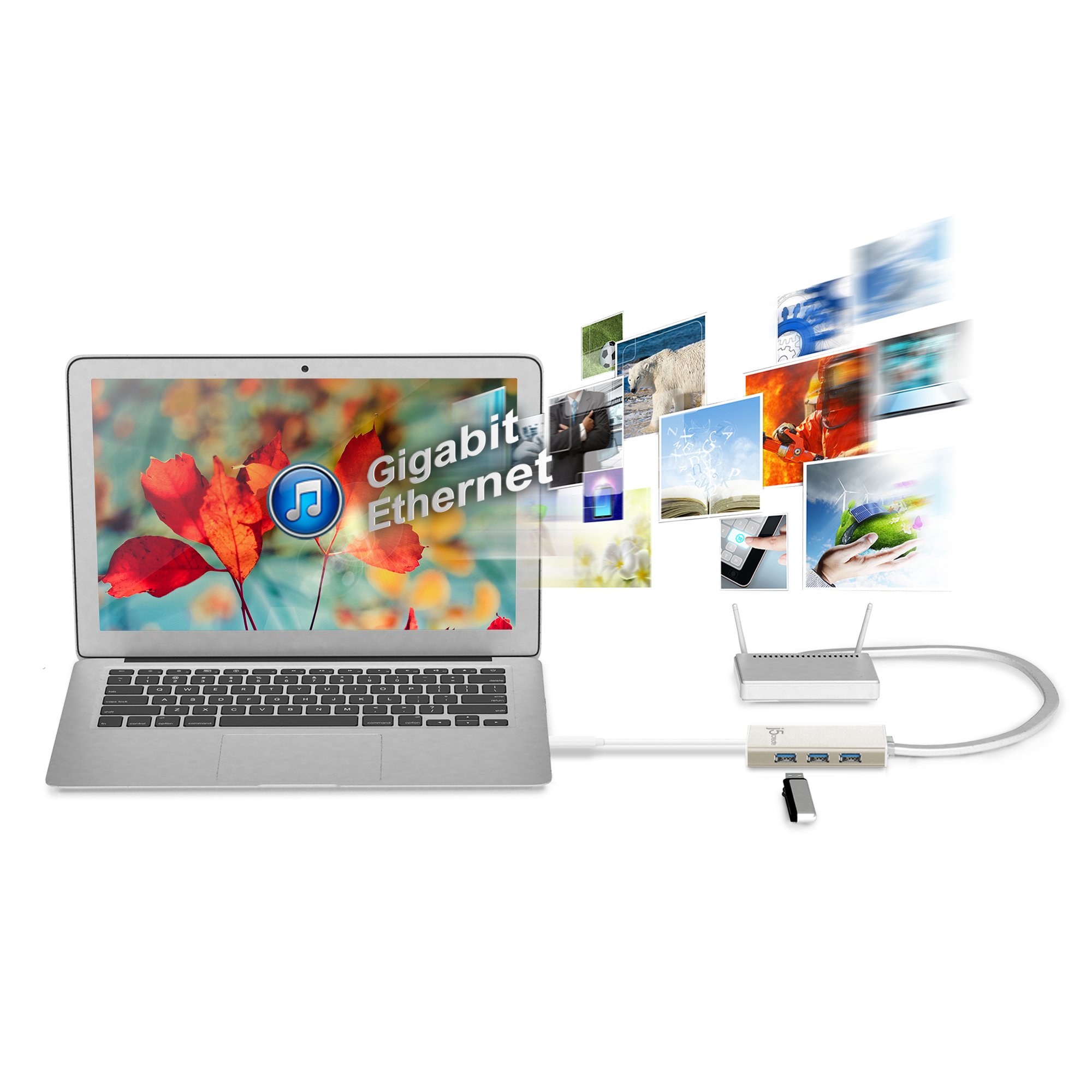 Ein Laptop, verbunden mit einem USB-Hub und verschiedenen Geräten. Der Laptop-Bildschirm zeigt Herbstblätter und ein Musiksymbol.