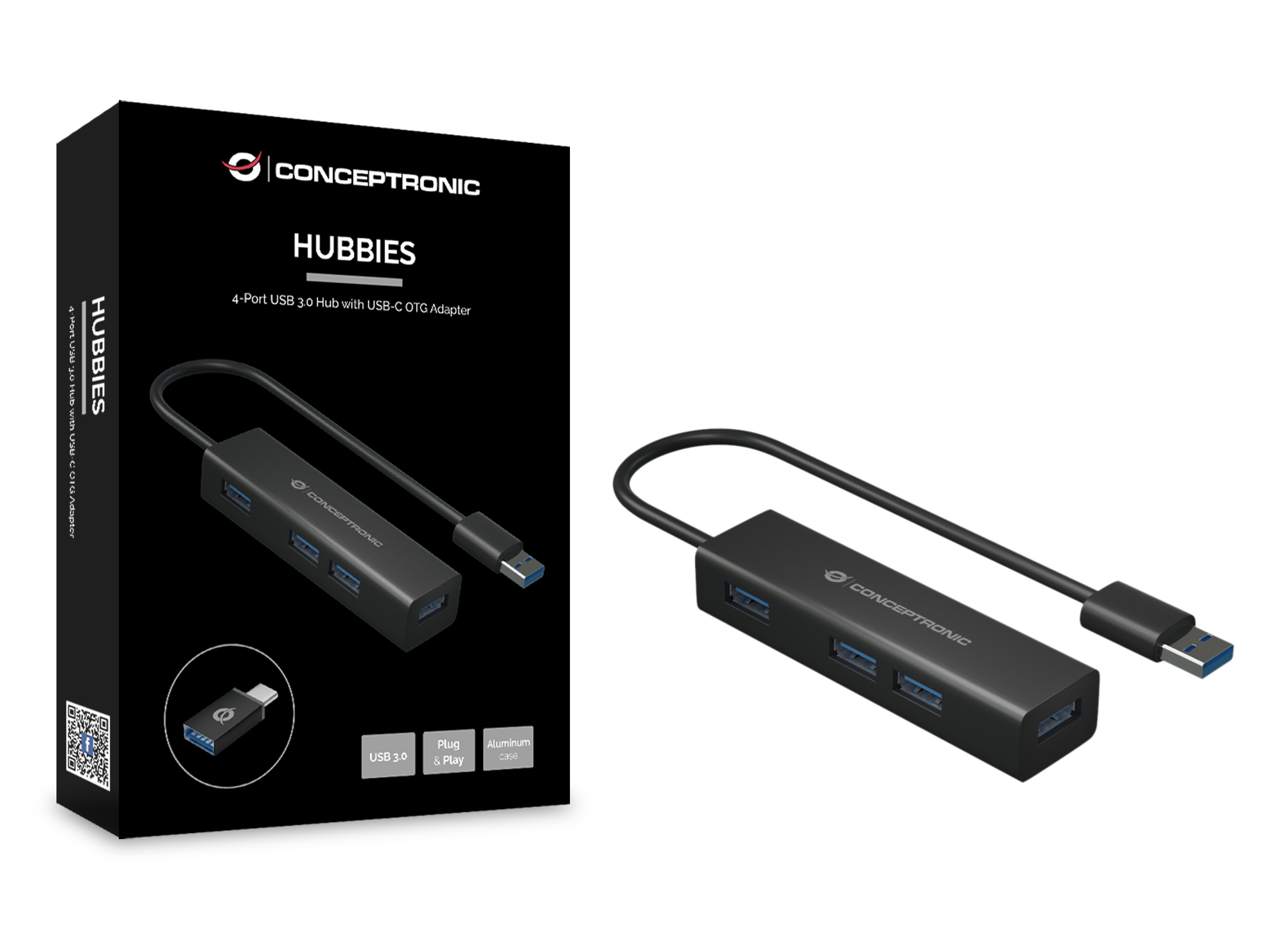 Un hub USB nero con un adattatore USB-C e una scatola, su sfondo bianco.