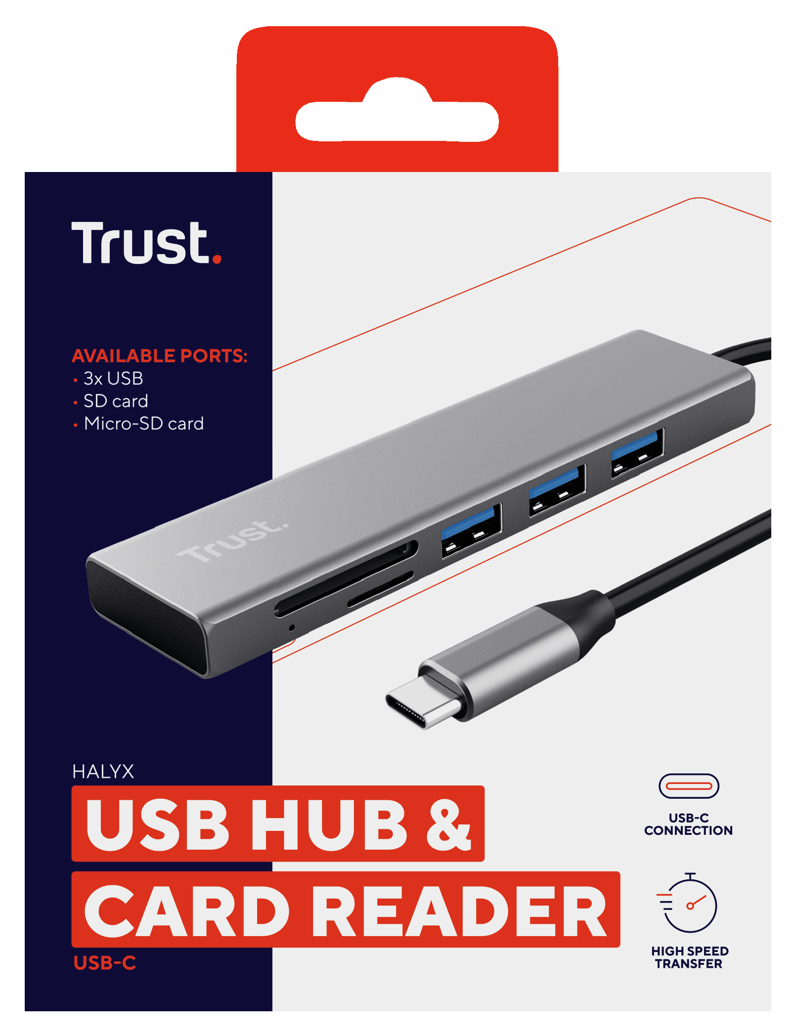 Zilveren USB-hub en kaartlezer in een doos. Inclusief USB-C, SD en Micro-SD kaartpoorten.