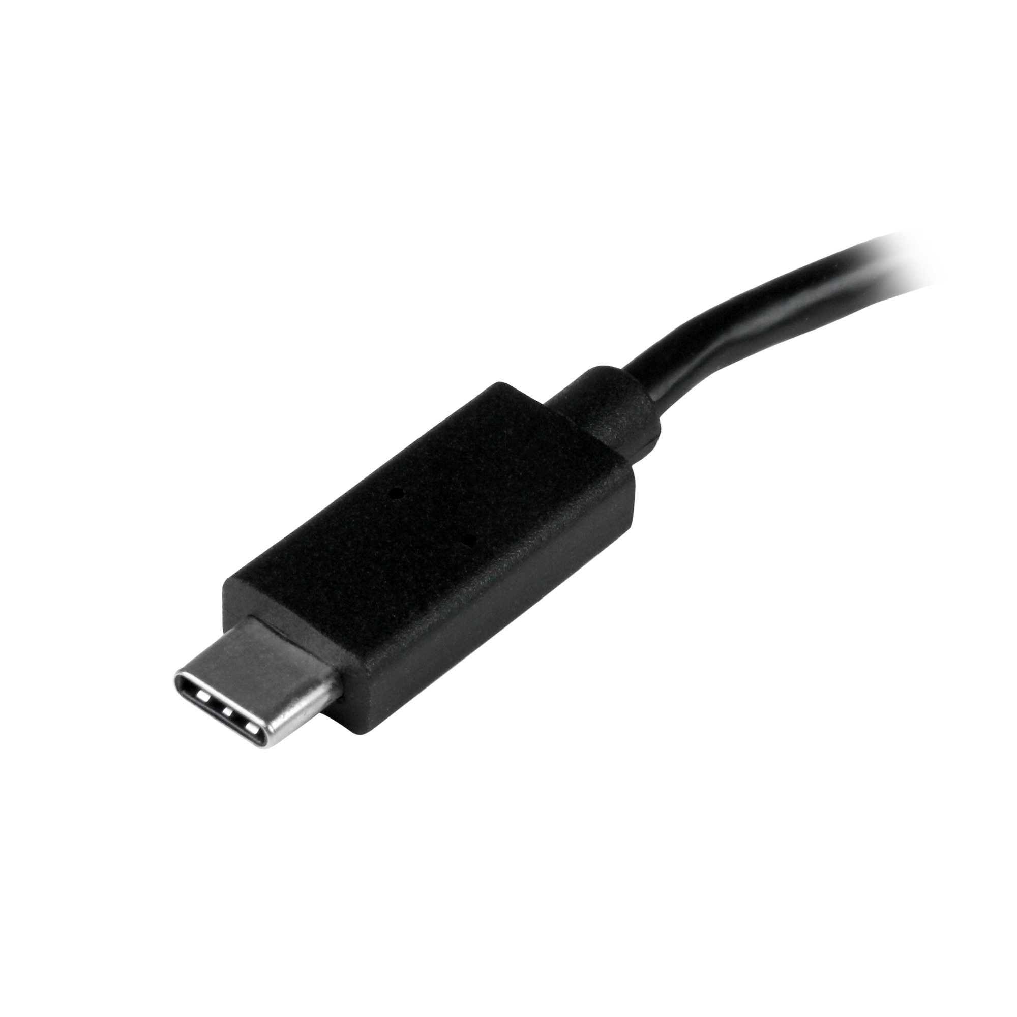 Un connettore USB-C nero con punta argentata. È collegato a un cavo nero.