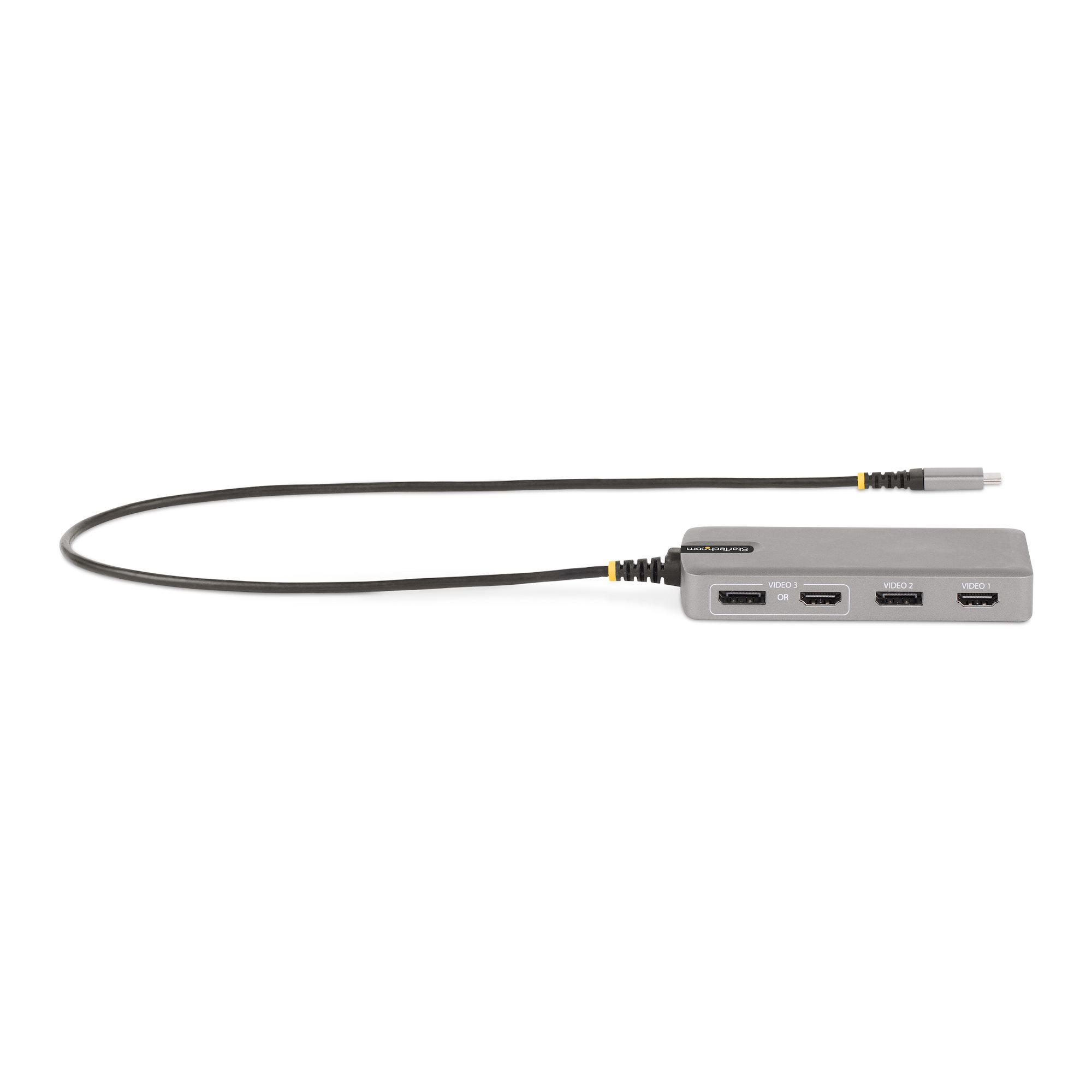 Ein grauer HDMI-Umschalter mit drei Videoanschlüssen, einem Netzkabel und einem schwarzen Kabel auf weißem Hintergrund.