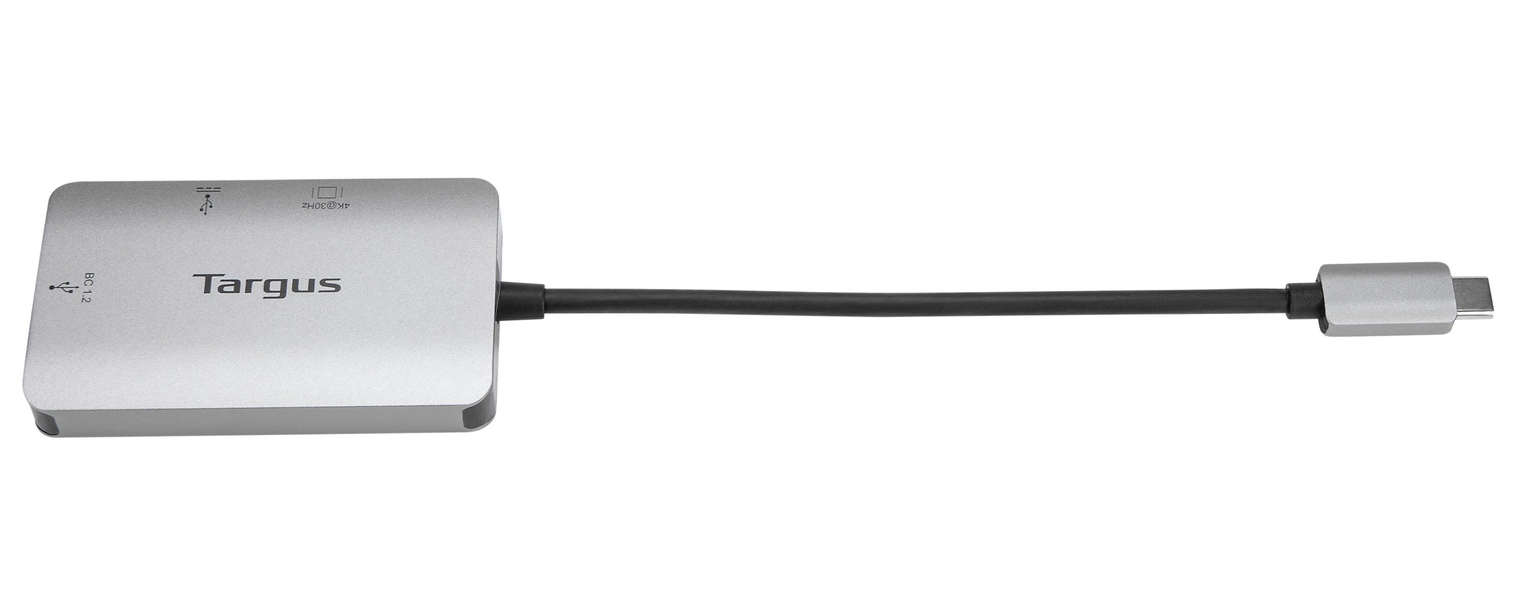 Adattatore multiporta USB-C Targus argento. Ha un cavo nero con un connettore USB-C. Sfondo bianco.
