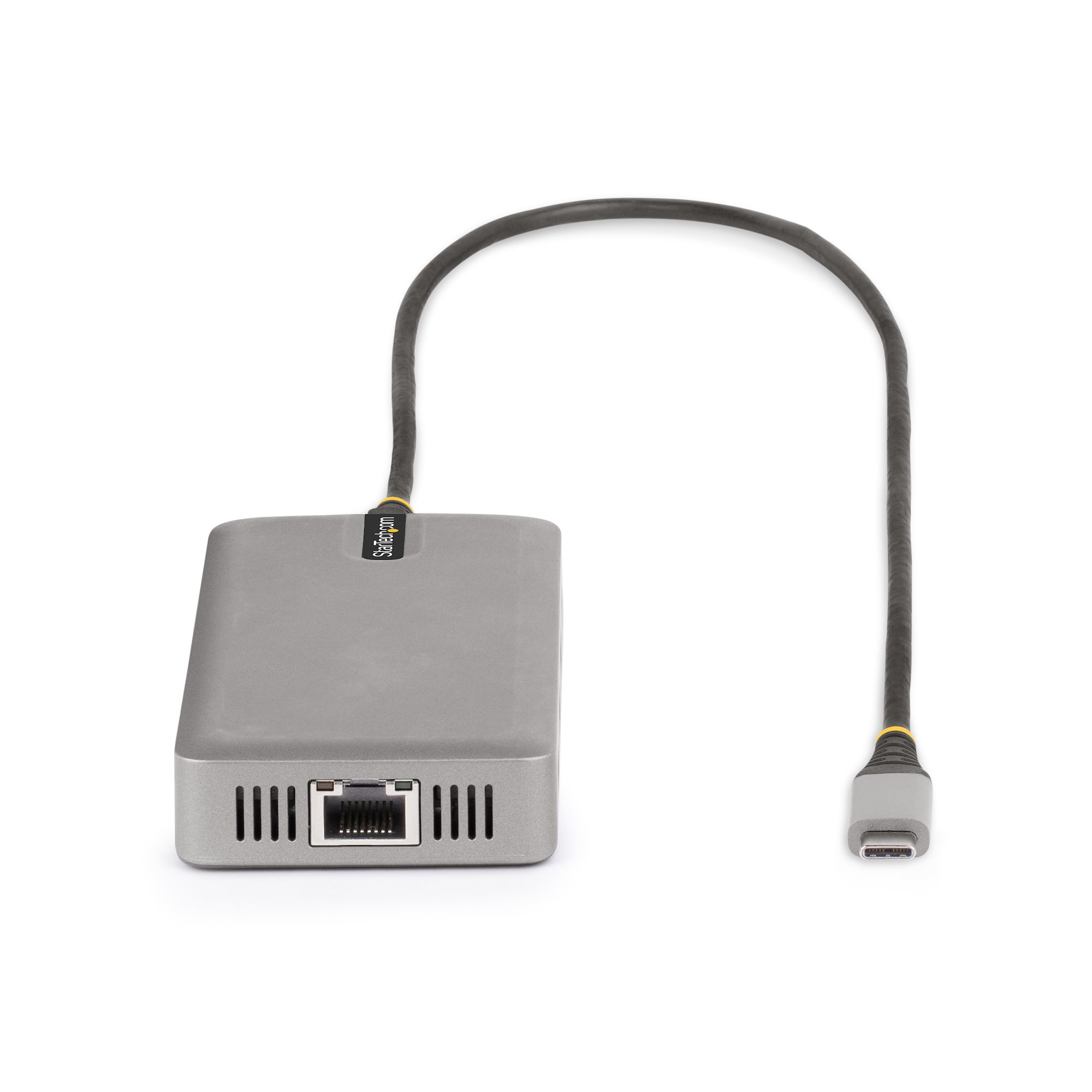 Ein silbernes Gerät mit Anschlüssen und einem schwarzen Kabel, das mit einem grauen USB-C-Anschluss verbunden ist.